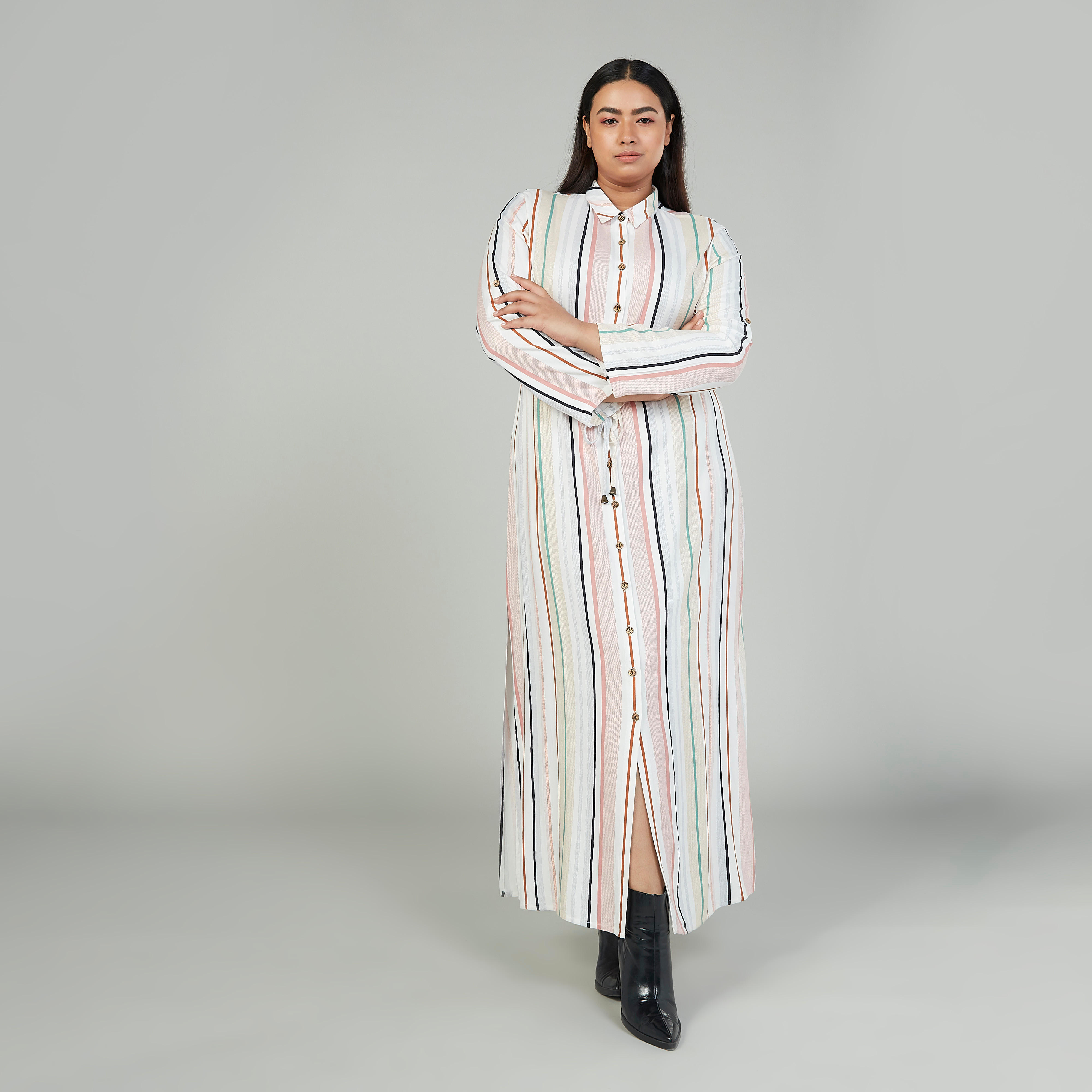 فستان قميص طويل مخطّط بأكمام طويلة وأربطة-women-clothing-dresses-image-1