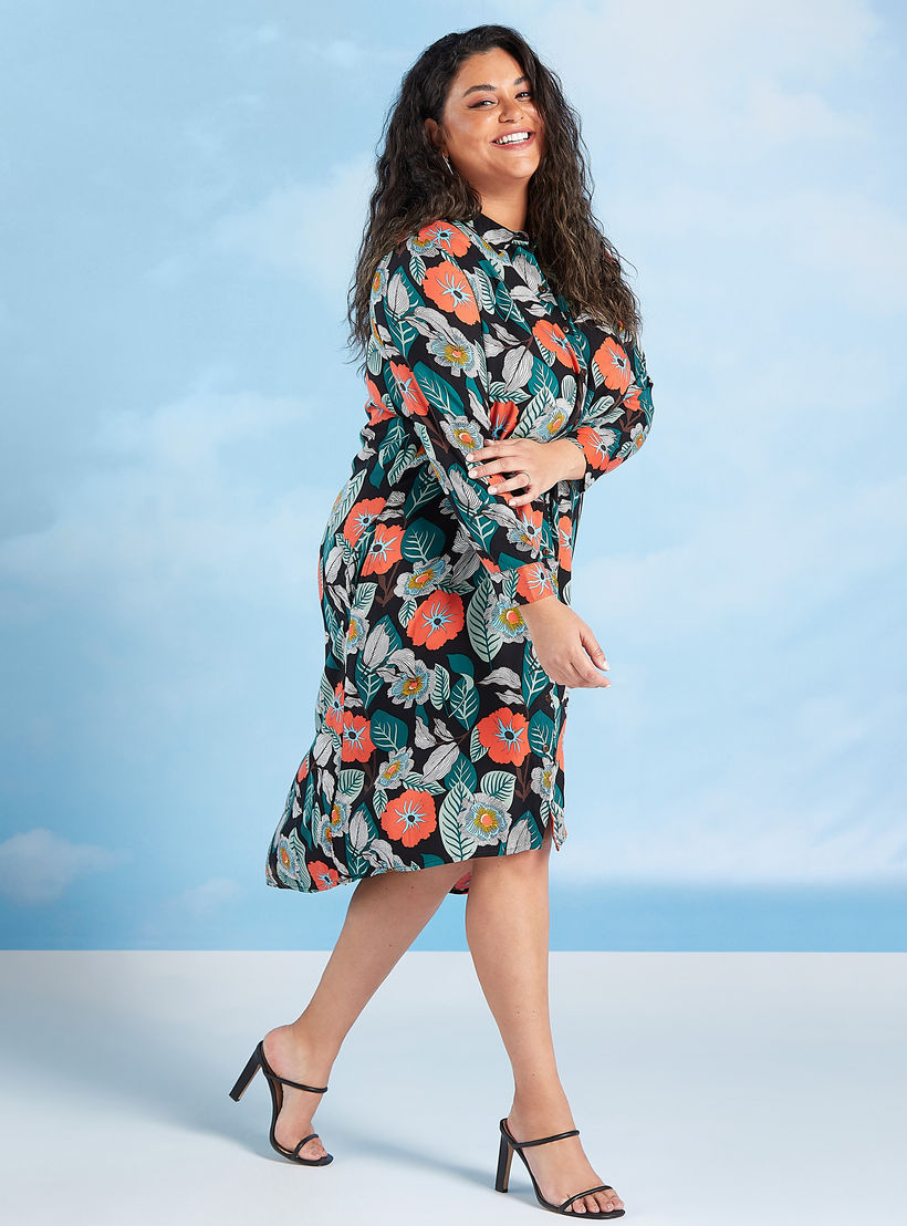 فستان قميص ميدي زهري بأكمام طويلة وجيوب-women-clothing-dresses-image-1