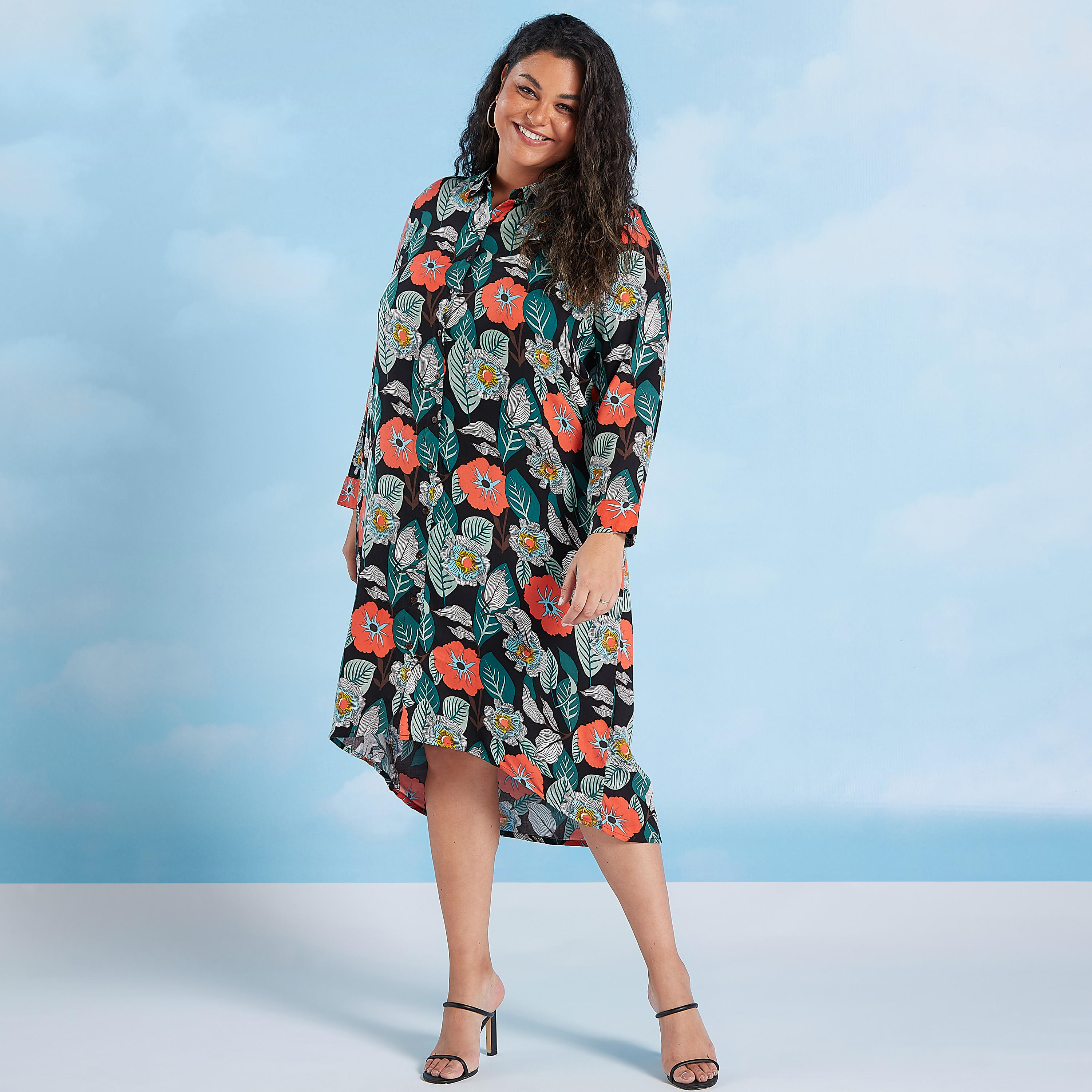 فستان قميص ميدي زهري بأكمام طويلة وجيوب-women-clothing-dresses-image-2