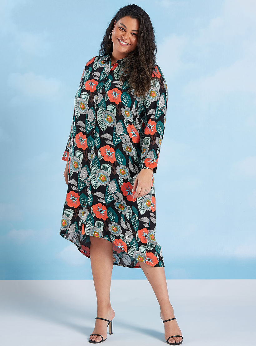 فستان قميص ميدي زهري بأكمام طويلة وجيوب-women-clothing-dresses-image-2