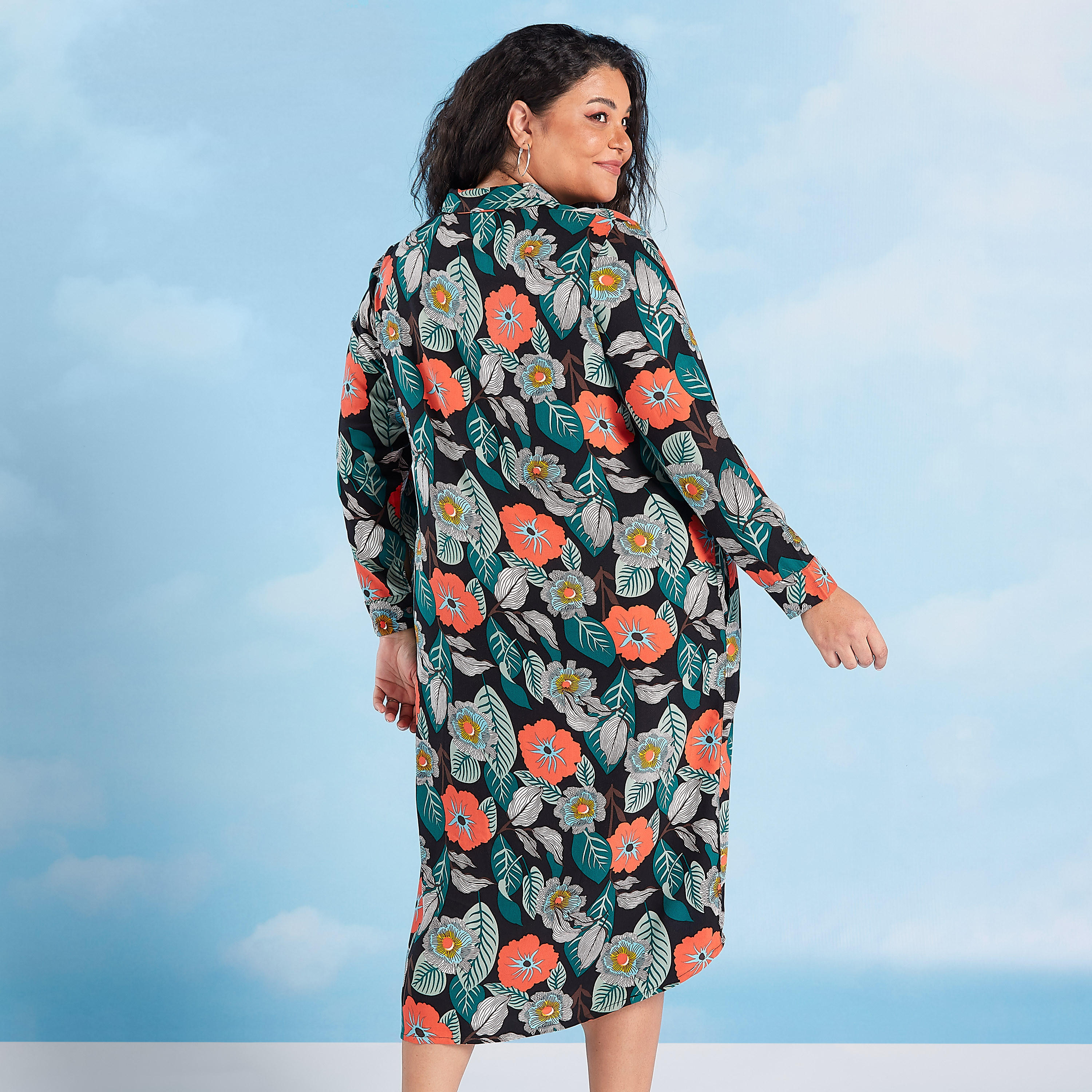 فستان قميص ميدي زهري بأكمام طويلة وجيوب-women-clothing-dresses-image-4
