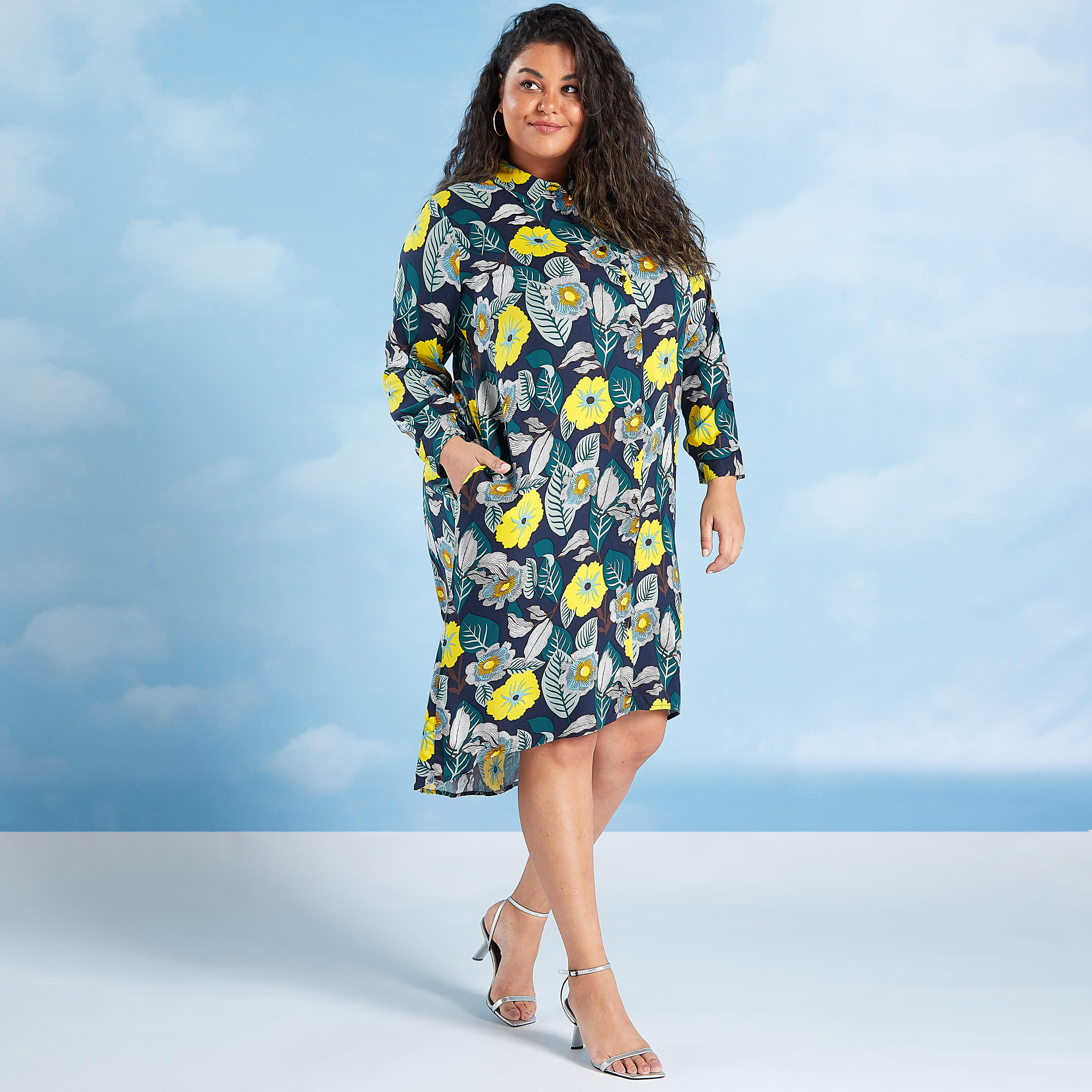 فستان قميص ميدي بطبعات زهرية وأكمام طويلة وتفاصيل جيوب-women-clothing-dresses-image-3