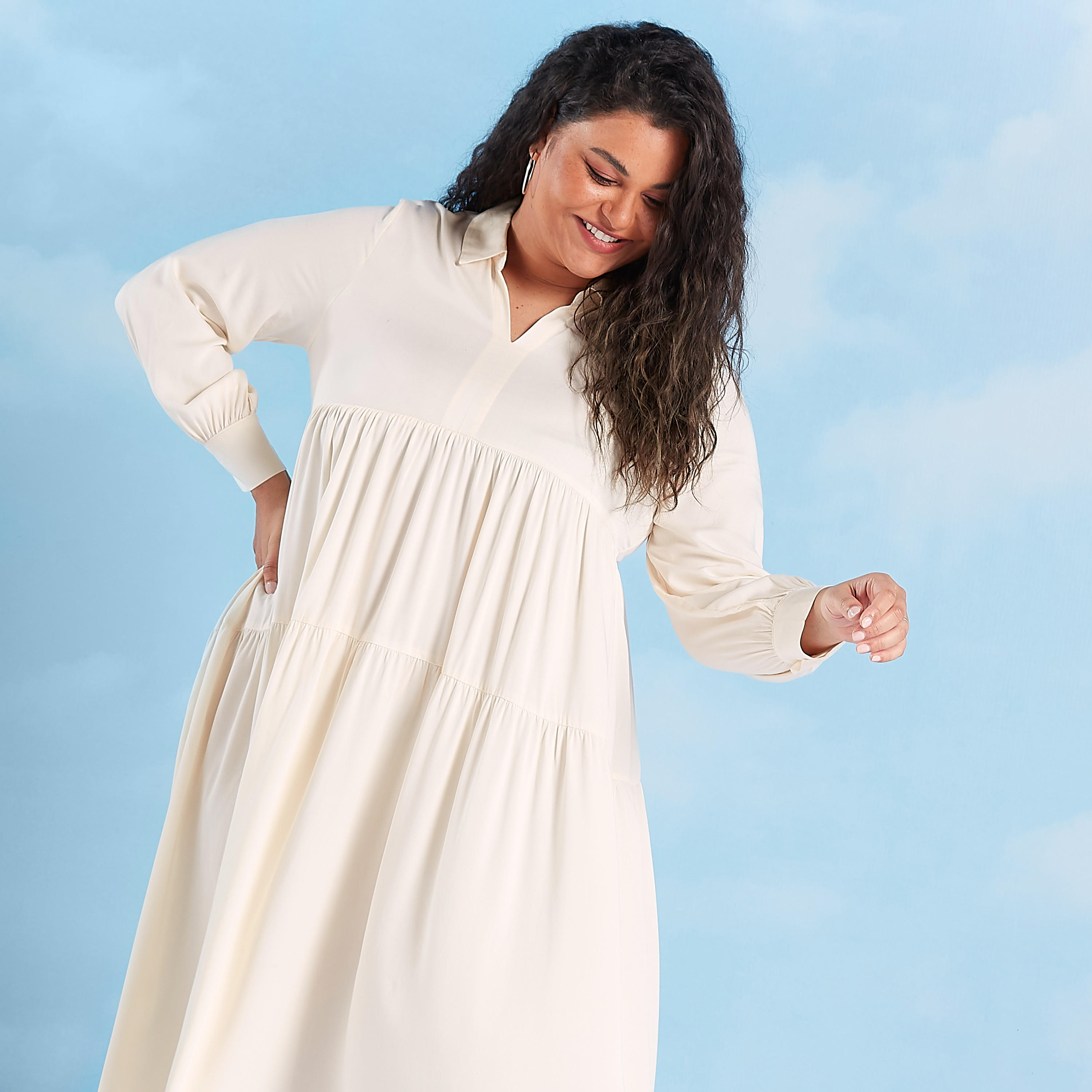 فستان ميدي إيه لاين سادة بأكمام طويلة وياقة عادية-women-clothing-dresses-image-1