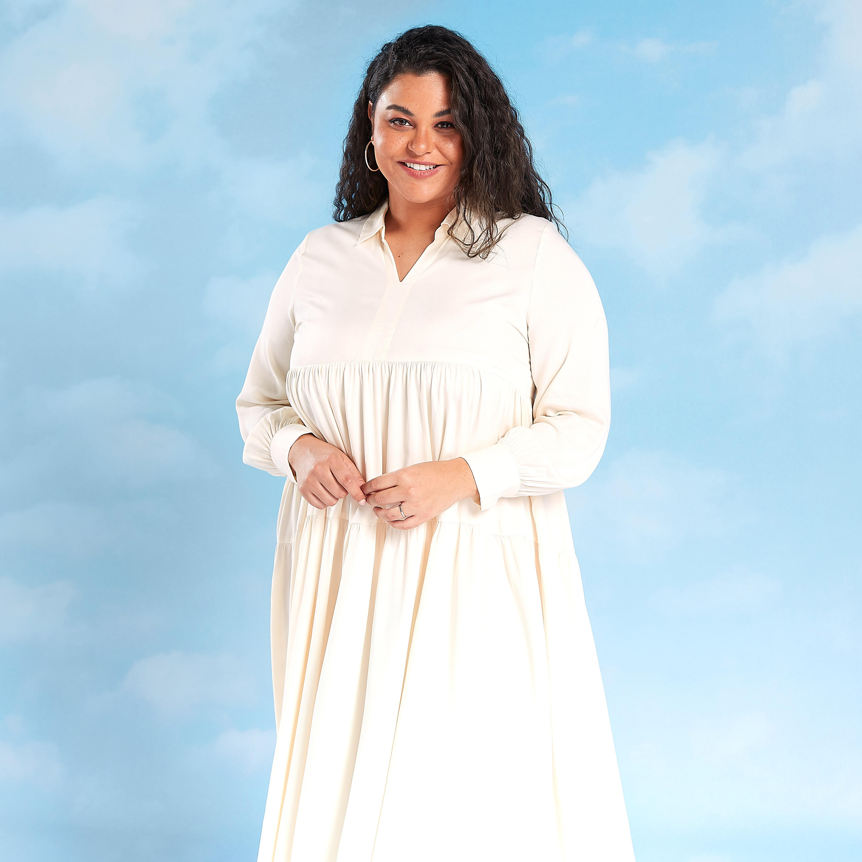 فستان ميدي إيه لاين سادة بأكمام طويلة وياقة عادية-women-clothing-dresses-image-3