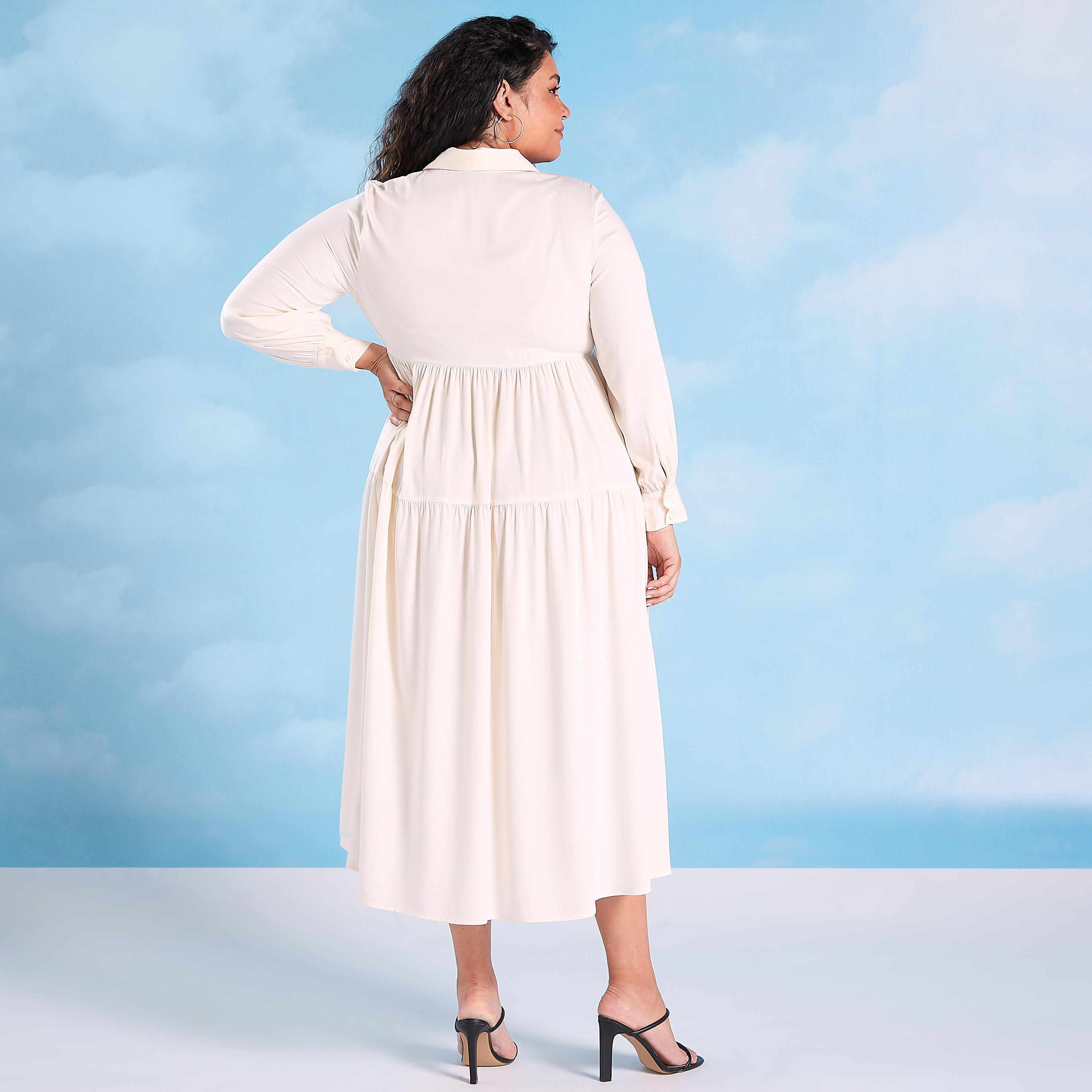 فستان ميدي إيه لاين سادة بأكمام طويلة وياقة عادية-women-clothing-dresses-image-5