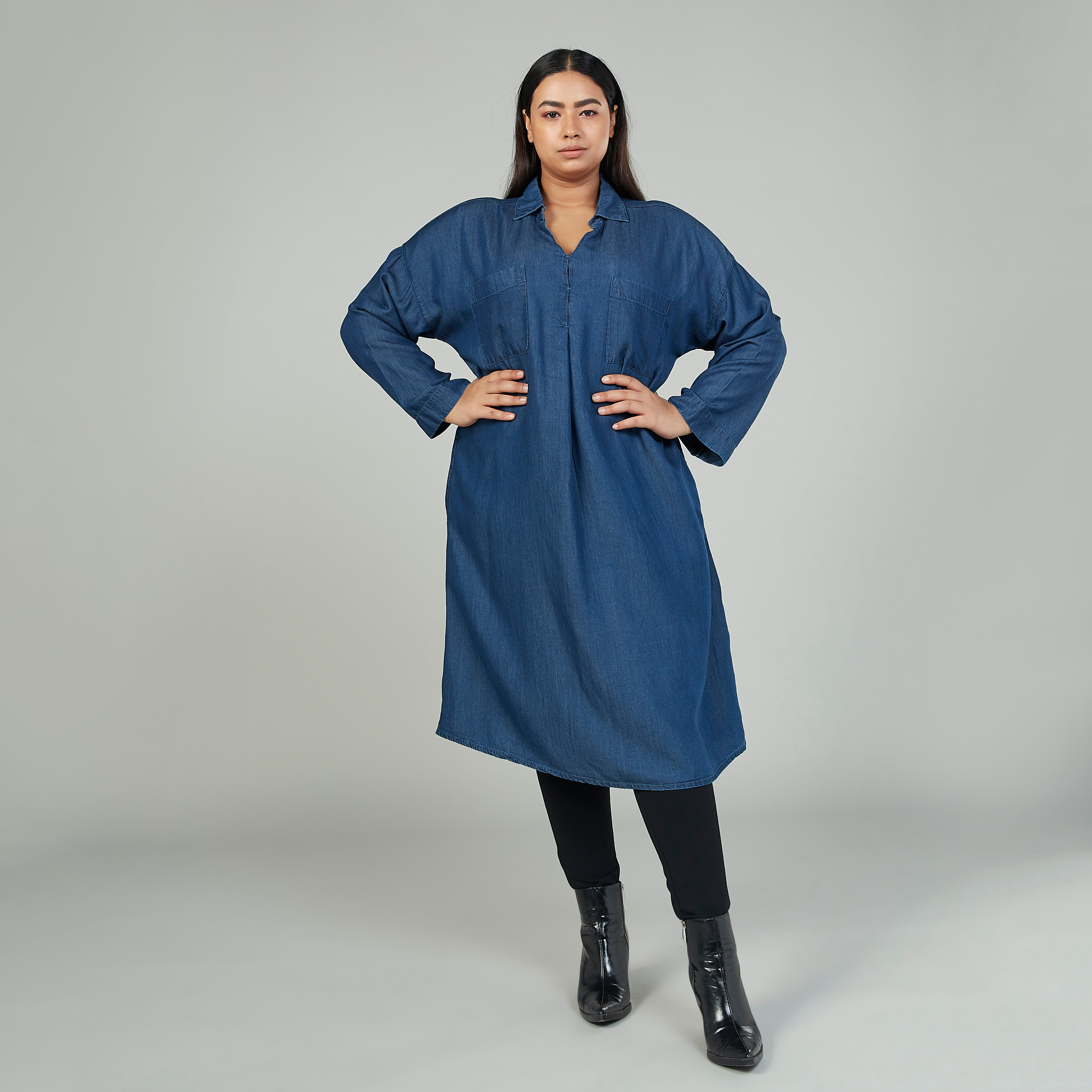 Plain Midi Shirt Dress with Long Sleeves and Pocket Detail-women-clothing-dresses-image-1