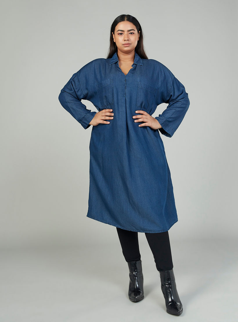 Plain Midi Shirt Dress with Long Sleeves and Pocket Detail-women-clothing-dresses-image-1