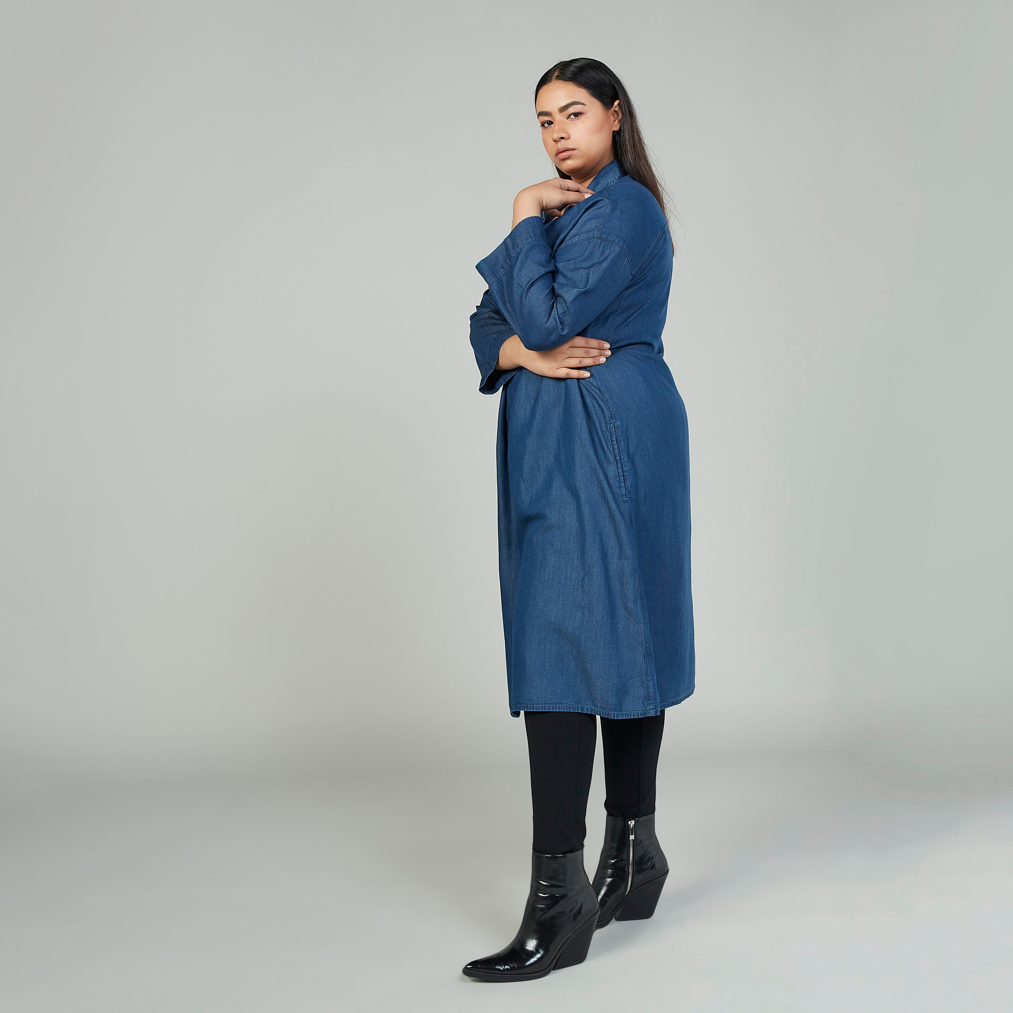 Plain Midi Shirt Dress with Long Sleeves and Pocket Detail-women-clothing-dresses-image-2