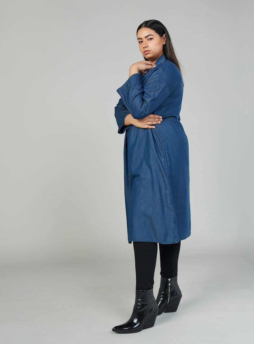 Plain Midi Shirt Dress with Long Sleeves and Pocket Detail-women-clothing-dresses-image-2