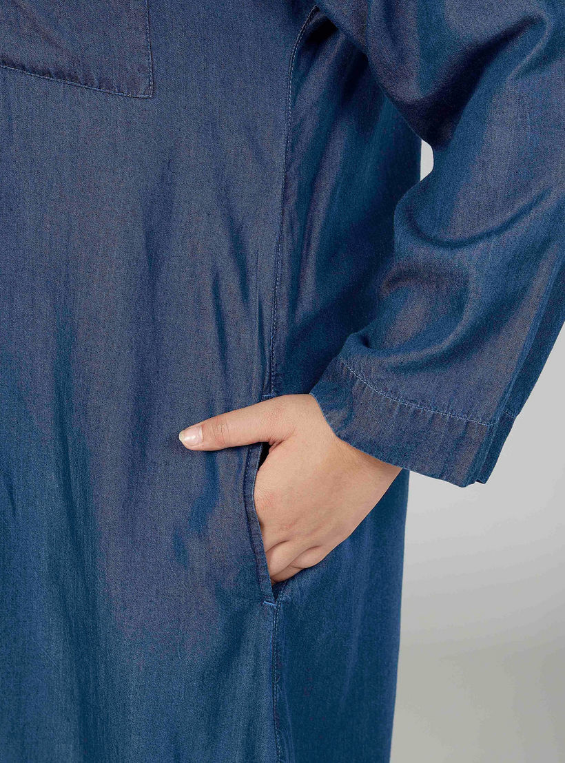 Plain Midi Shirt Dress with Long Sleeves and Pocket Detail-women-clothing-dresses-image-3