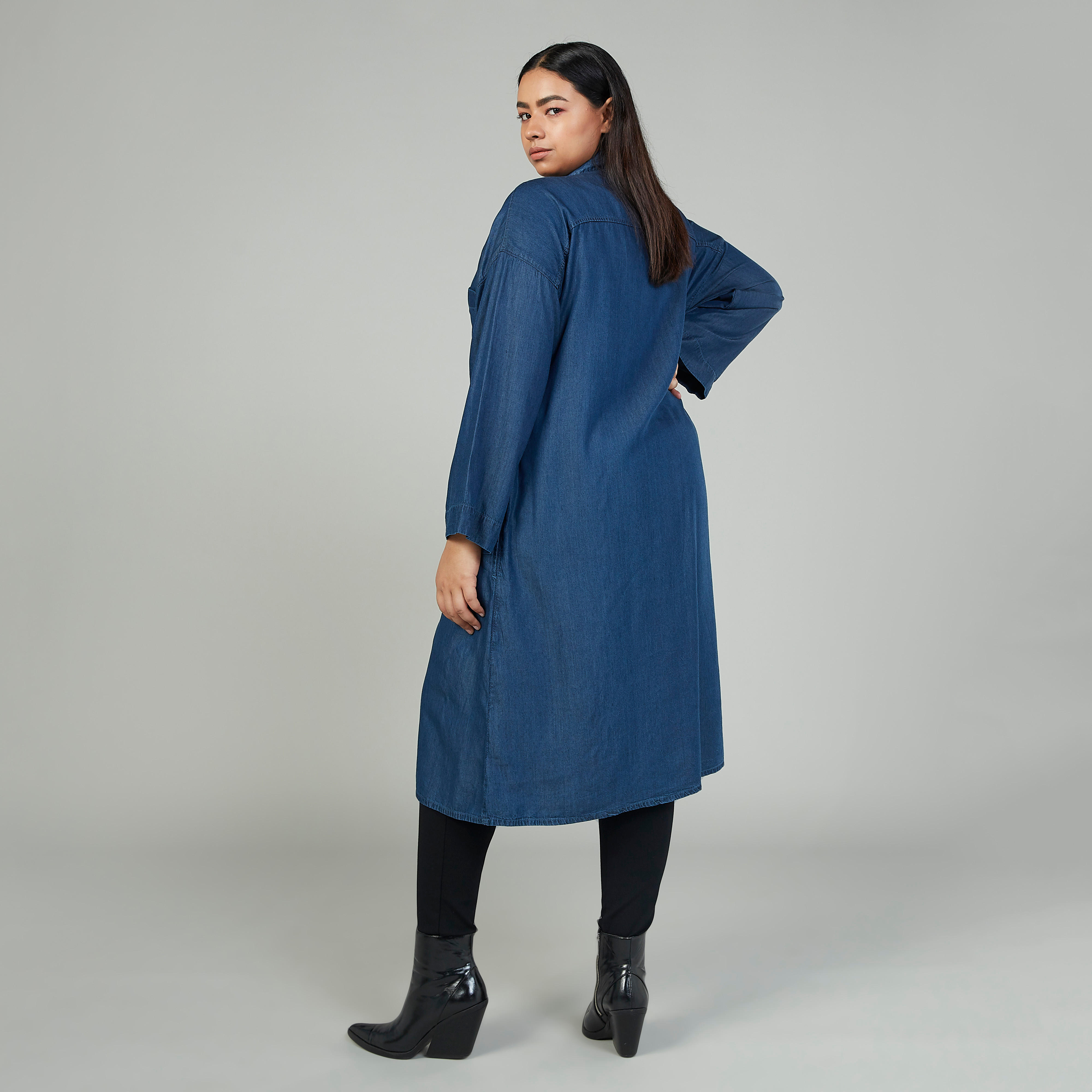 Plain Midi Shirt Dress with Long Sleeves and Pocket Detail-women-clothing-dresses-image-4