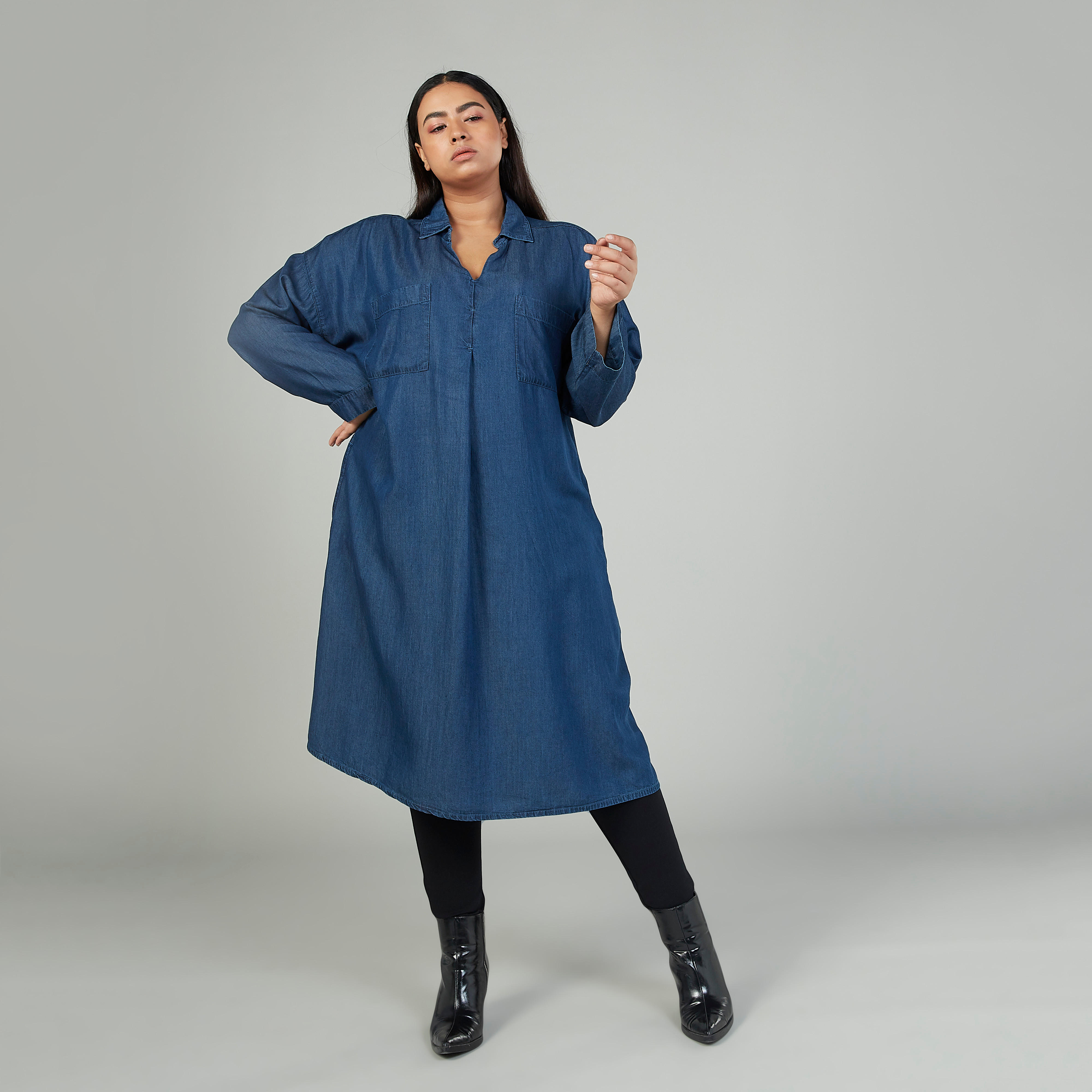 Plain Midi Shirt Dress with Long Sleeves and Pocket Detail-women-clothing-dresses-image-5