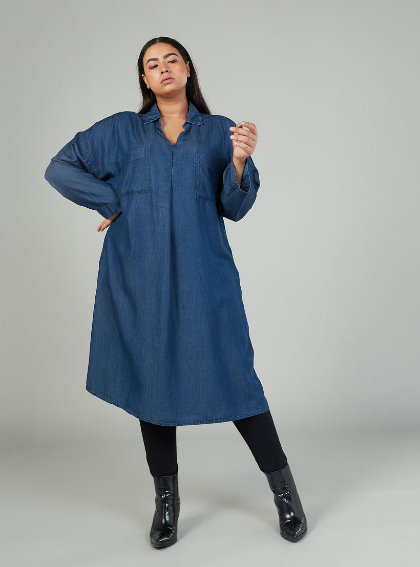 Plain Midi Shirt Dress with Long Sleeves and Pocket Detail-women-clothing-dresses-image-5