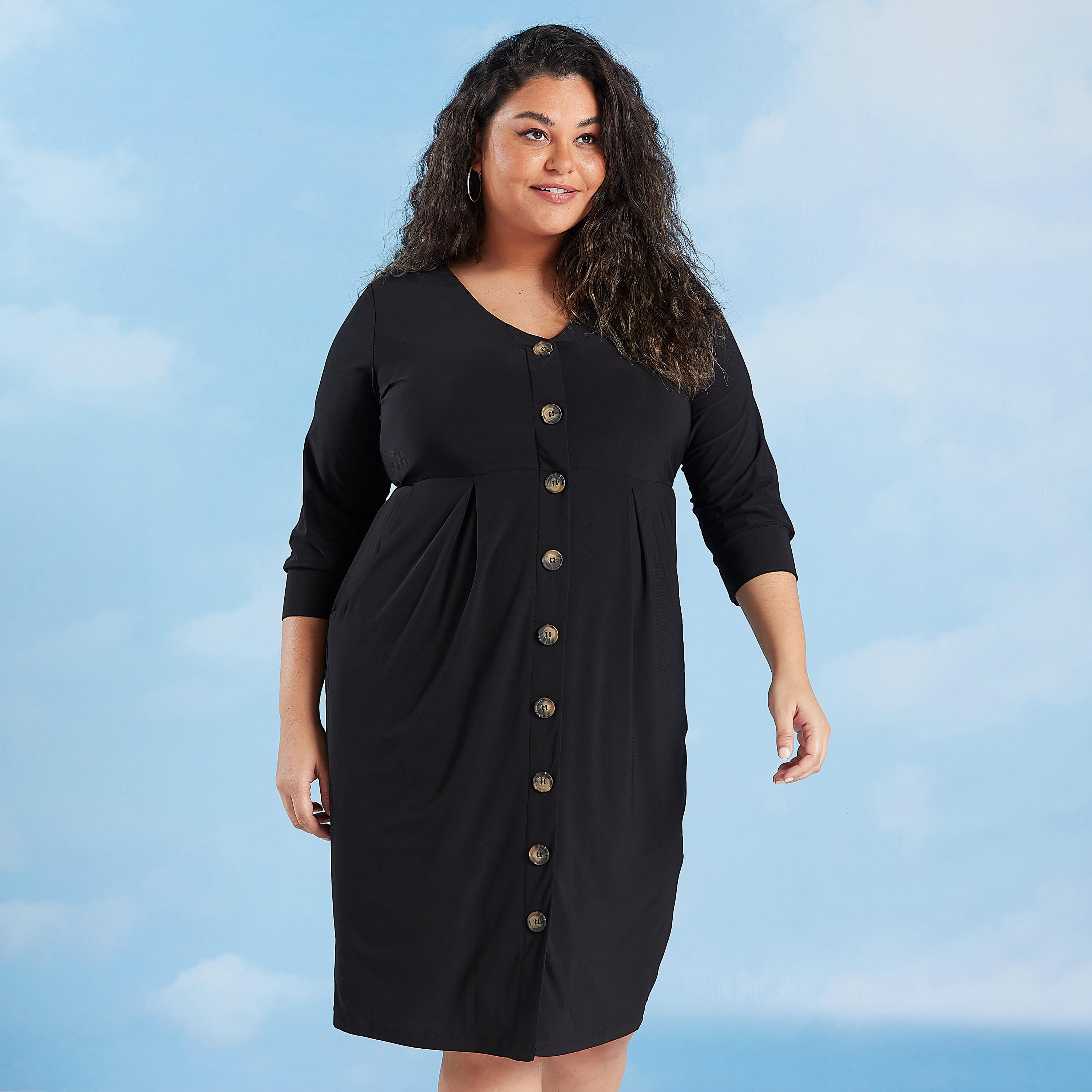 فستان ميدي ضيق سادة بأكمام 3/4 وتفاصيل بأزرار-women-clothing-dresses-image-1