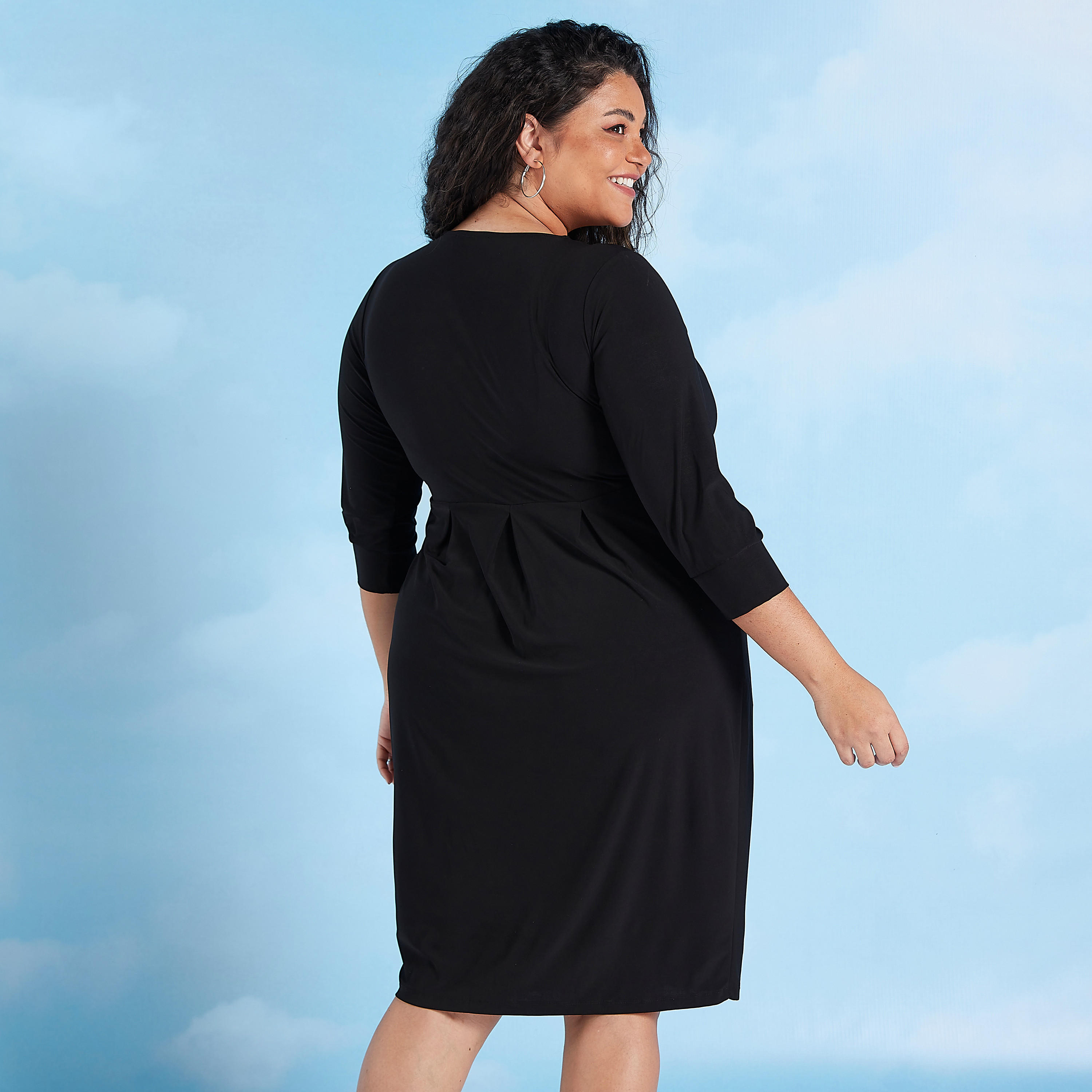 فستان ميدي ضيق سادة بأكمام 3/4 وتفاصيل بأزرار-women-clothing-dresses-image-4