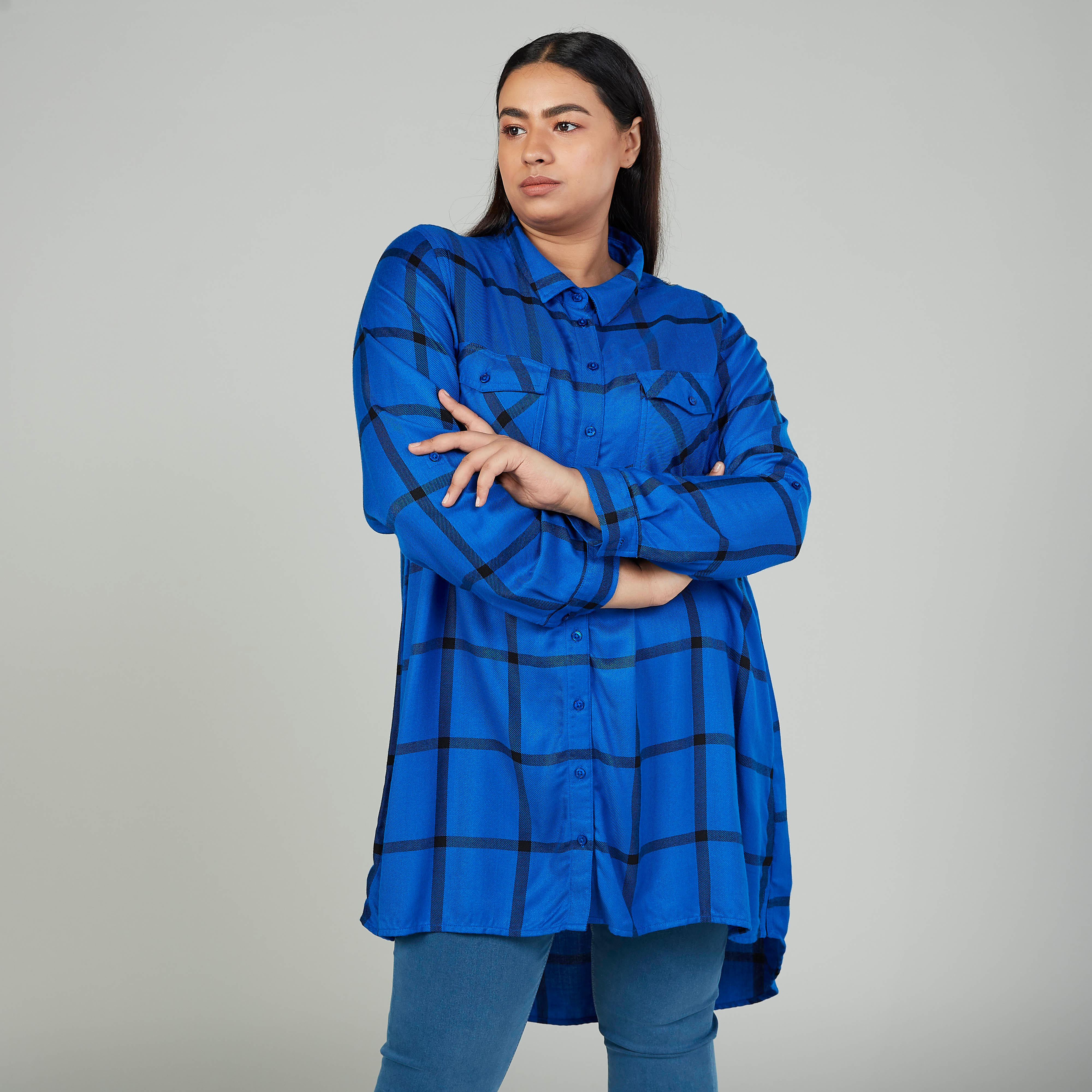 Chequered Shirt with Long Sleeves and Flap Pockets-women-clothing-shirtsandblouses-blouses-image-1
