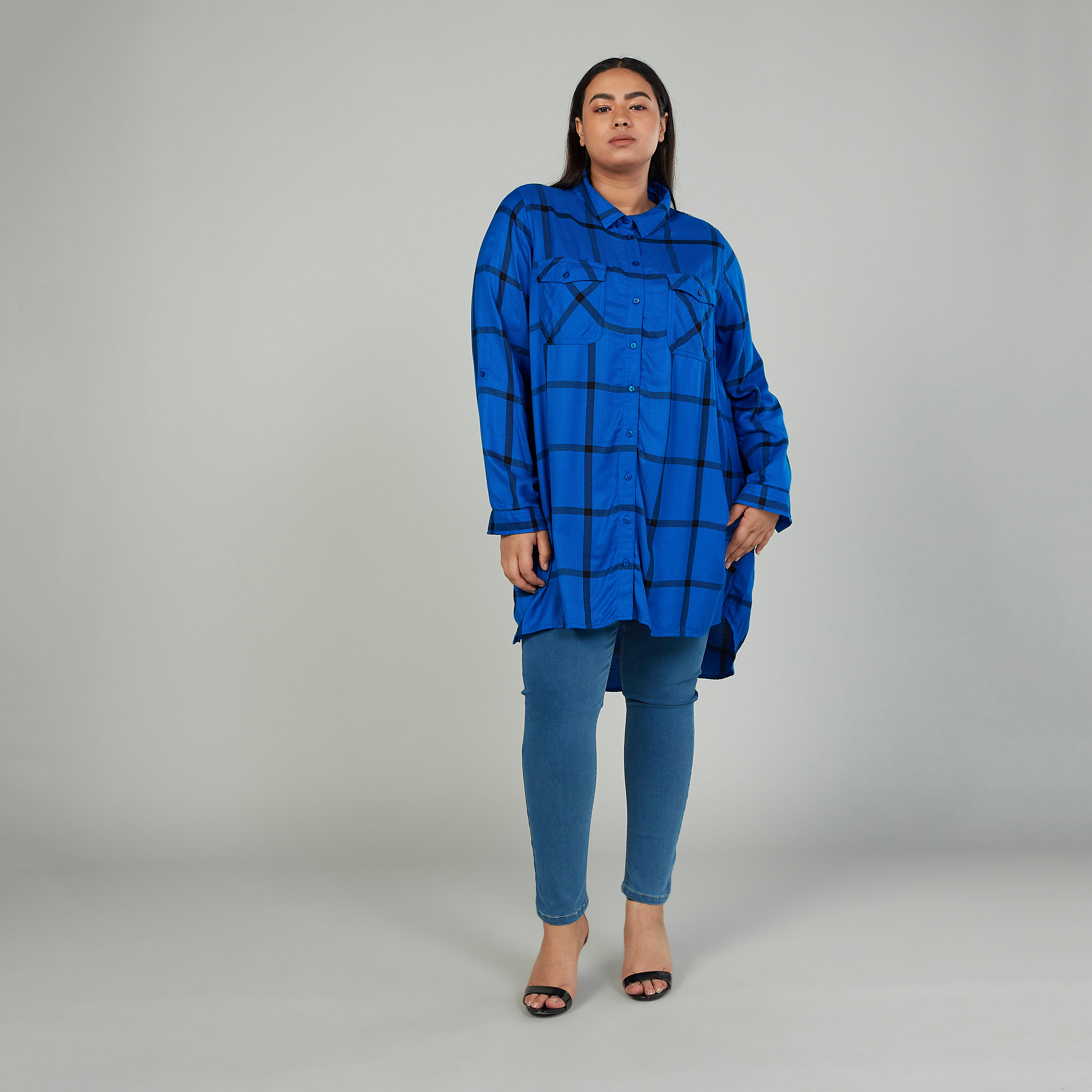 Chequered Shirt with Long Sleeves and Flap Pockets-women-clothing-shirtsandblouses-blouses-image-2