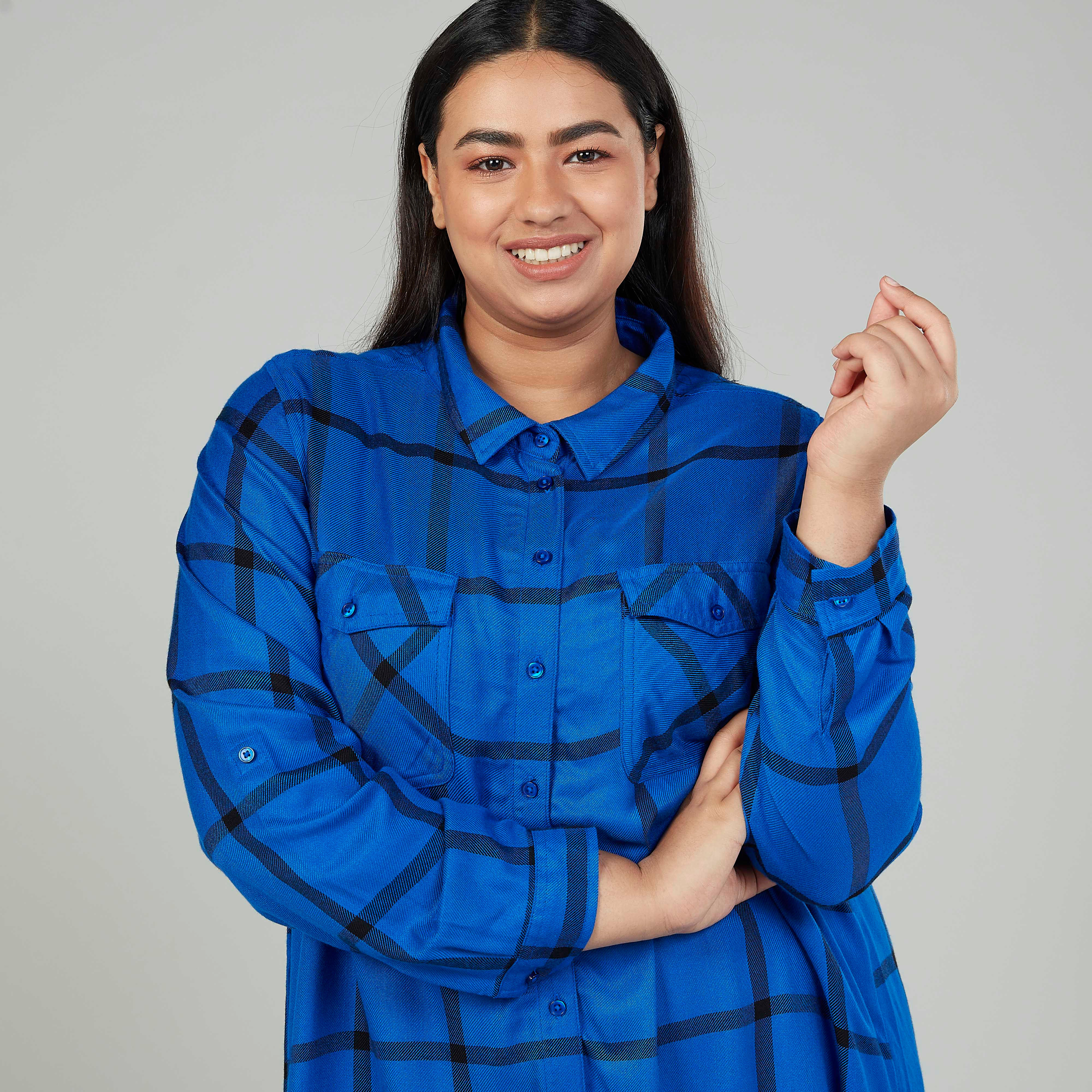 Chequered Shirt with Long Sleeves and Flap Pockets-women-clothing-shirtsandblouses-blouses-image-3