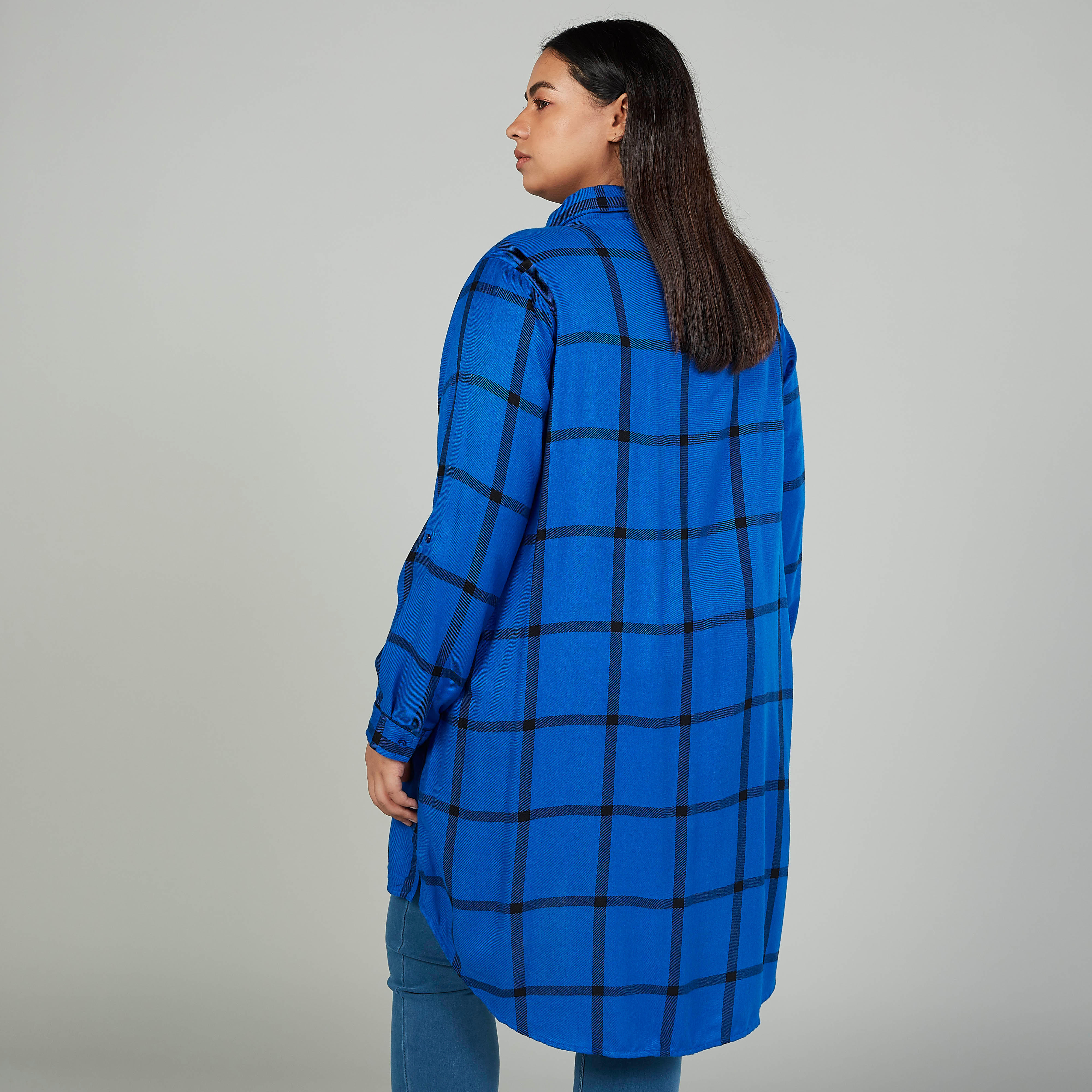 Chequered Shirt with Long Sleeves and Flap Pockets-women-clothing-shirtsandblouses-blouses-image-4