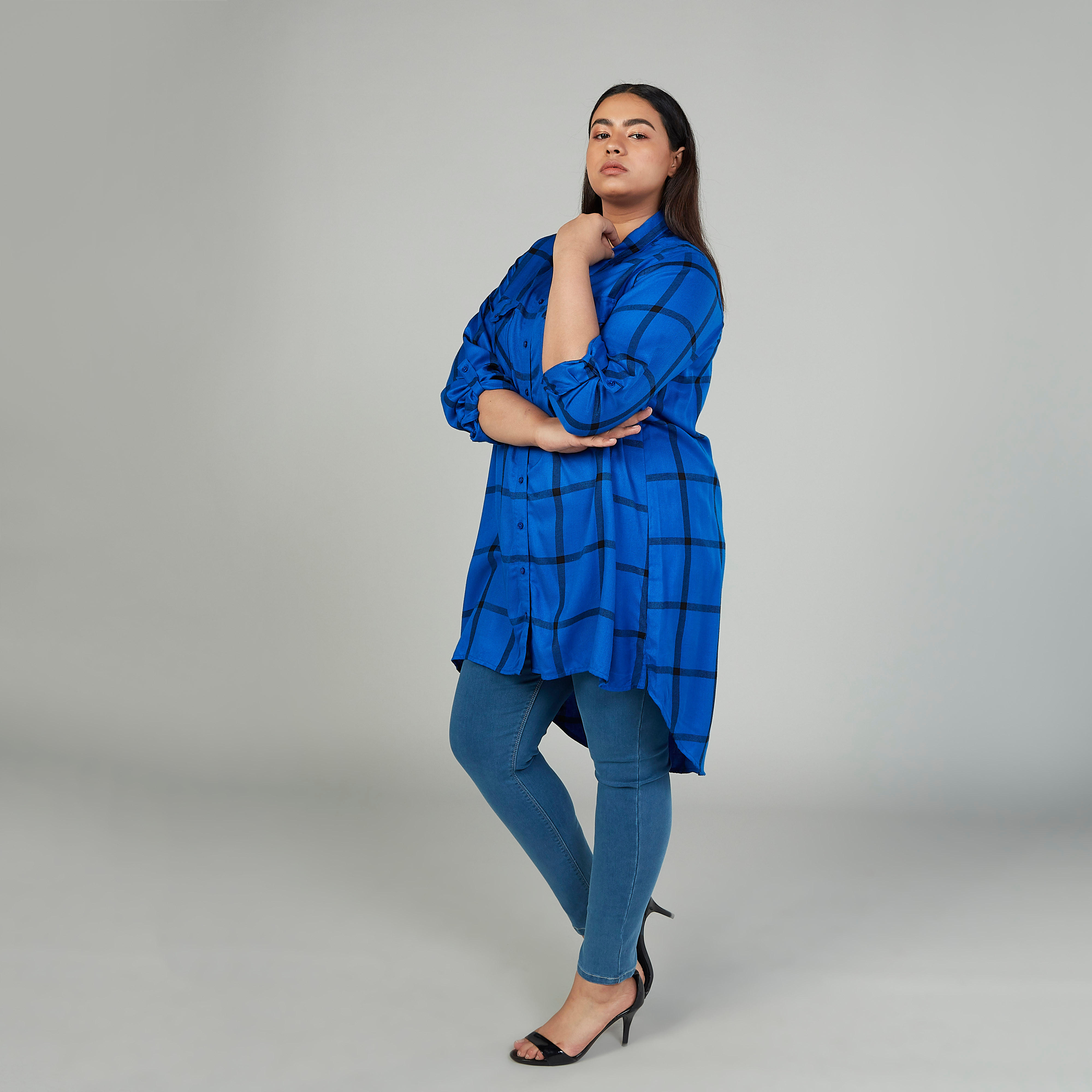 Chequered Shirt with Long Sleeves and Flap Pockets-women-clothing-shirtsandblouses-blouses-image-5