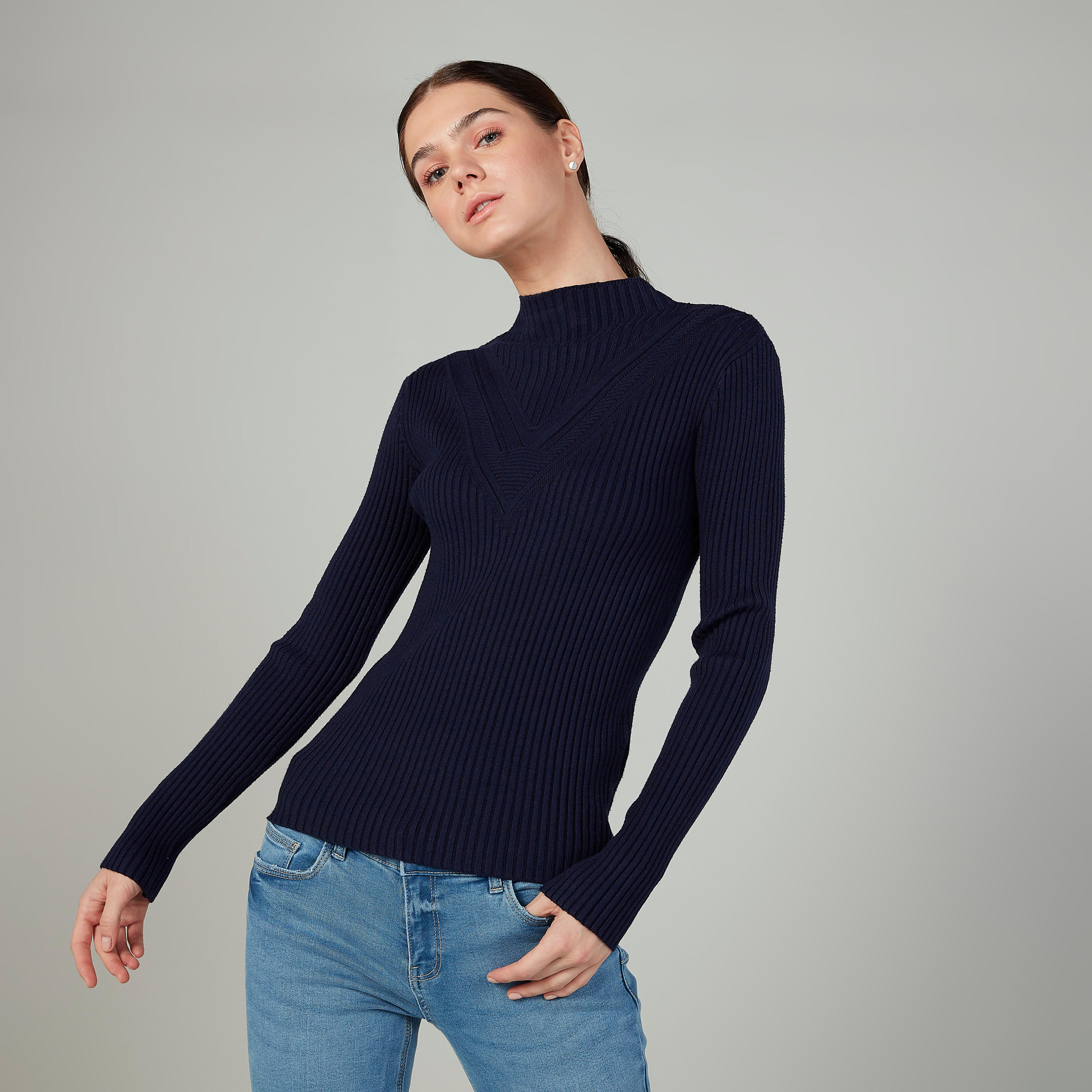 Textured Sweater with High Neck and Long Sleeves-women-clothing-cardigansandjumpers-jumpers-image-1