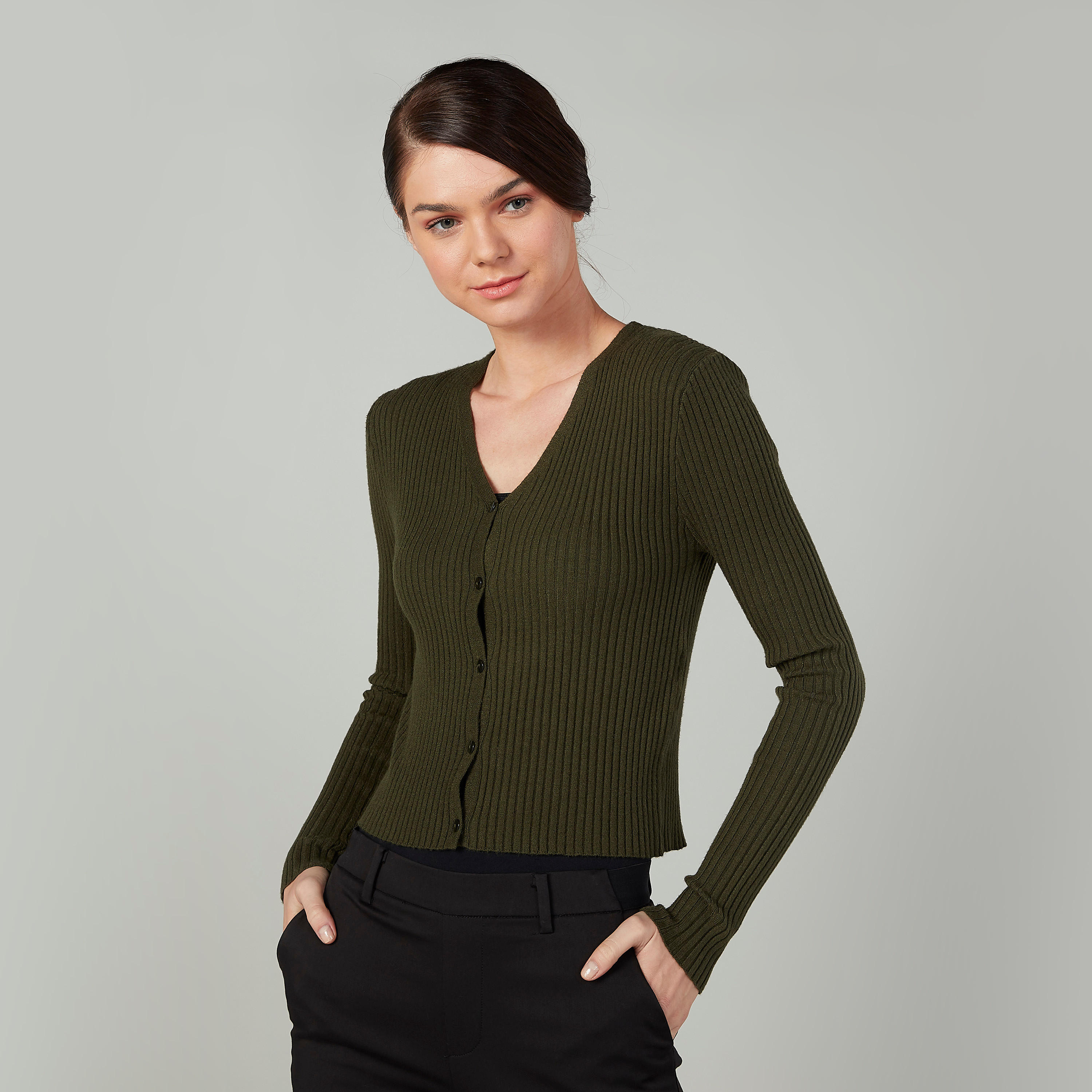 Textured Sweater with V-neck and Long Sleeves-women-clothing-cardigansandjumpers-jumpers-image-1
