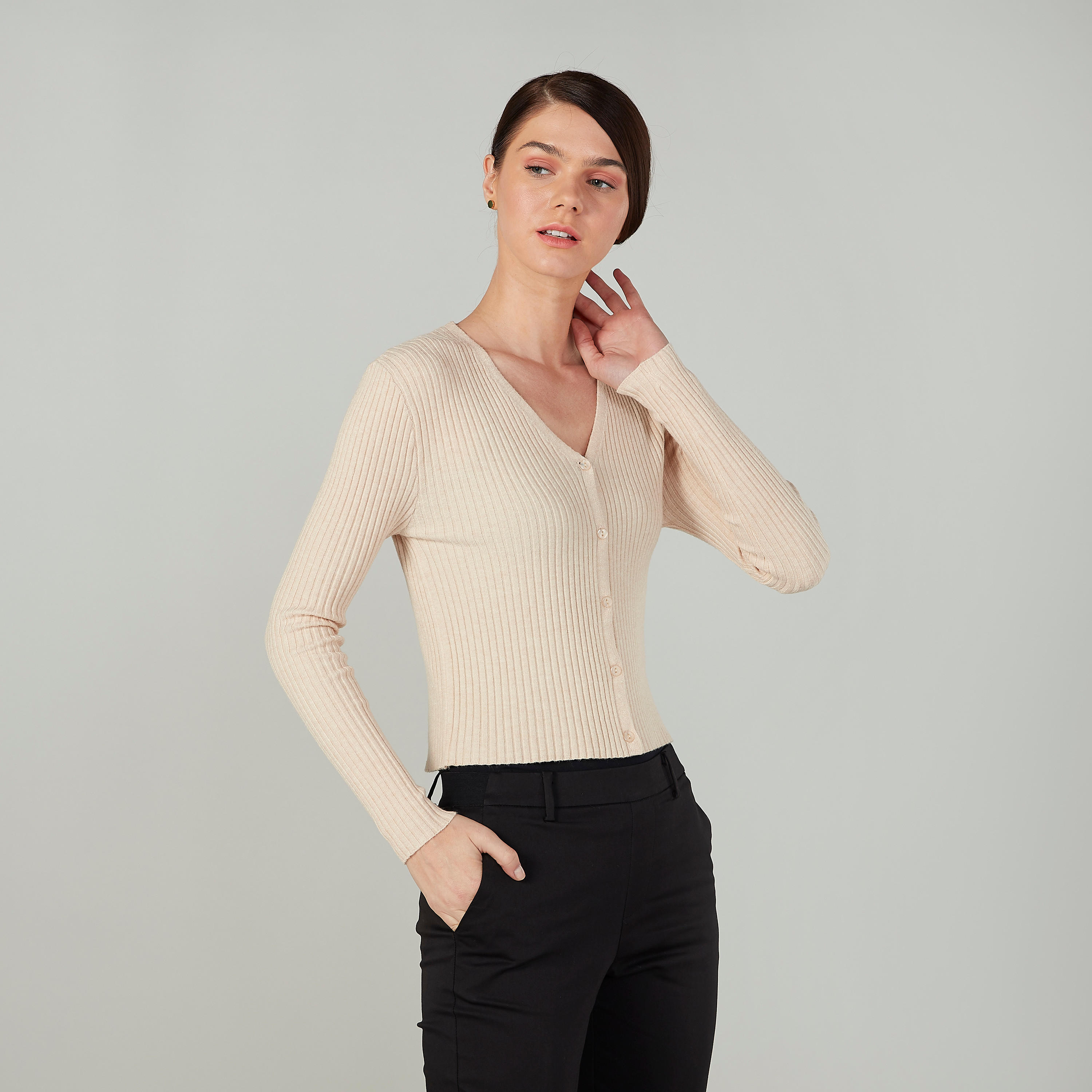 Textured Sweater with V-neck and Long Sleeves-women-clothing-cardigansandjumpers-jumpers-image-1