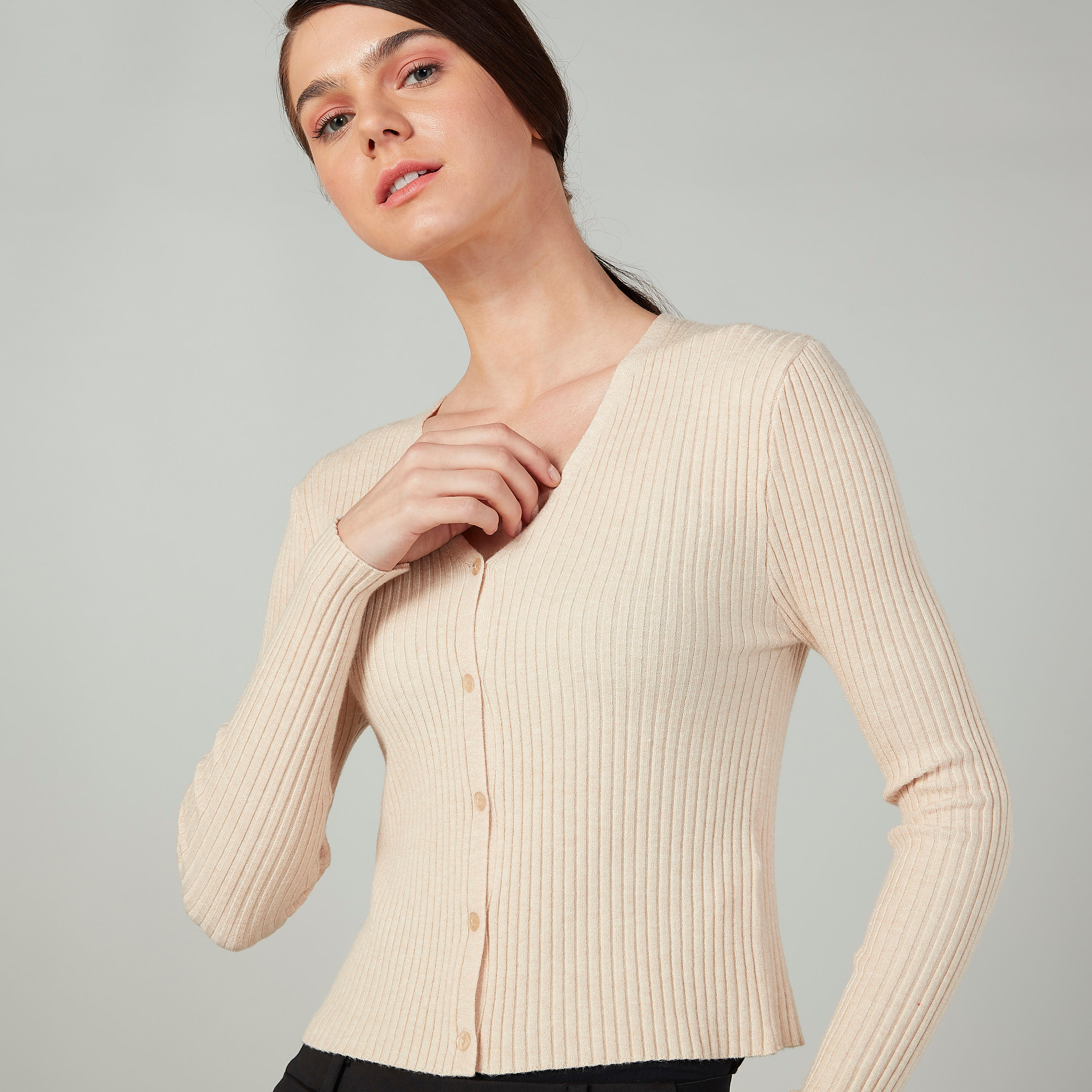 Textured Sweater with V-neck and Long Sleeves-women-clothing-cardigansandjumpers-jumpers-image-3