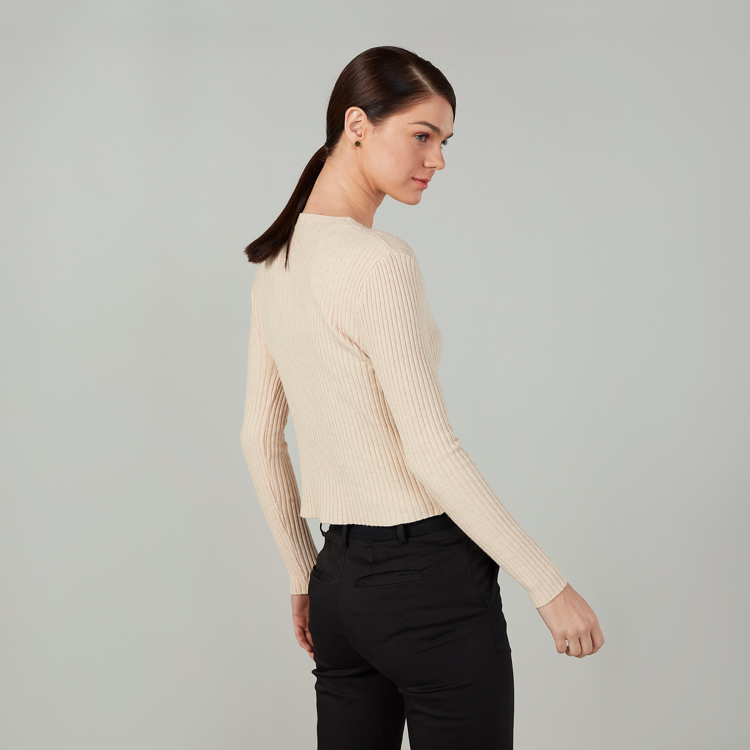 Textured Sweater with V-neck and Long Sleeves-women-clothing-cardigansandjumpers-jumpers-image-4