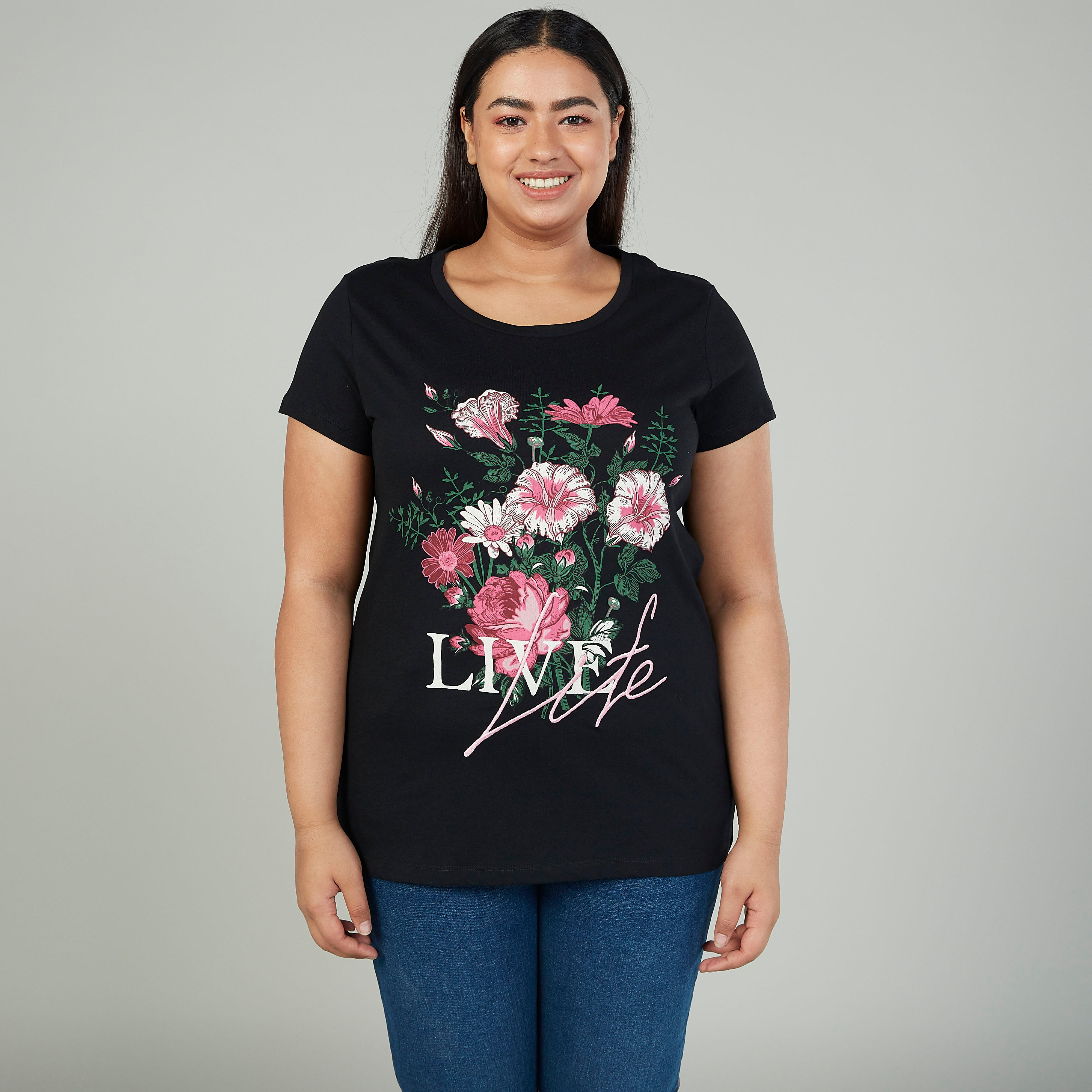 Printed T-shirt with Round Neck and Shot Sleeves-women-clothing-tshirts-image-1
