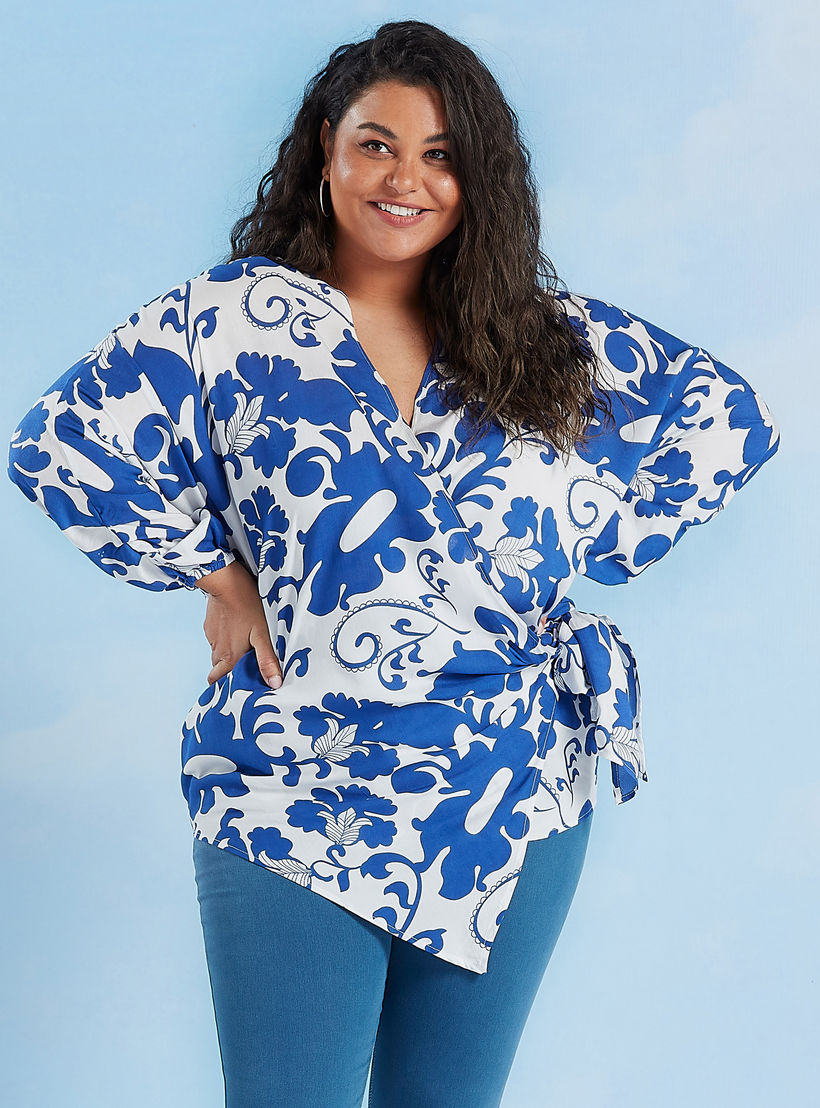 بلوزة بياقة V وأربطة وطبعات من آيكونيك-women-clothing-shirtsandblouses-blouses-image-1
