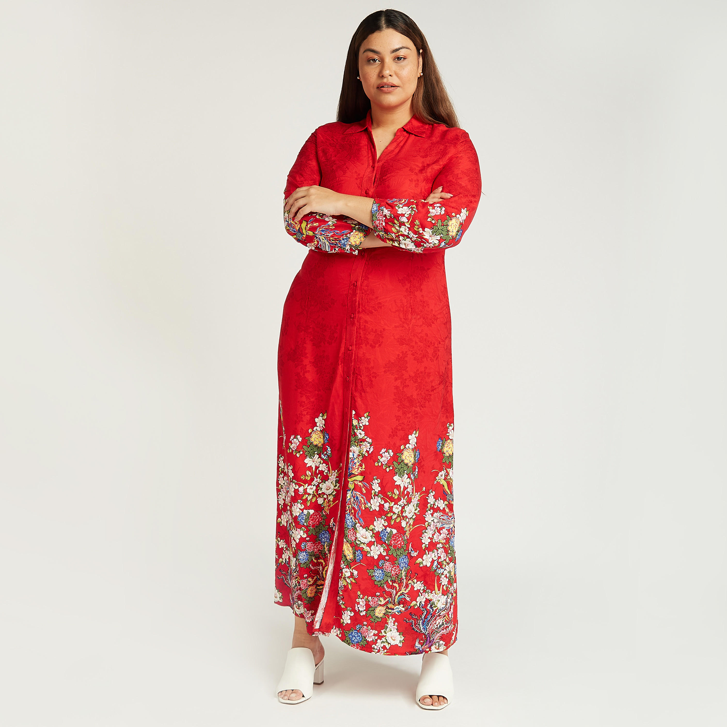 فستان قميص طويل بأكمام طويلة وطبعات أزهار-women-clothing-dresses-image-1
