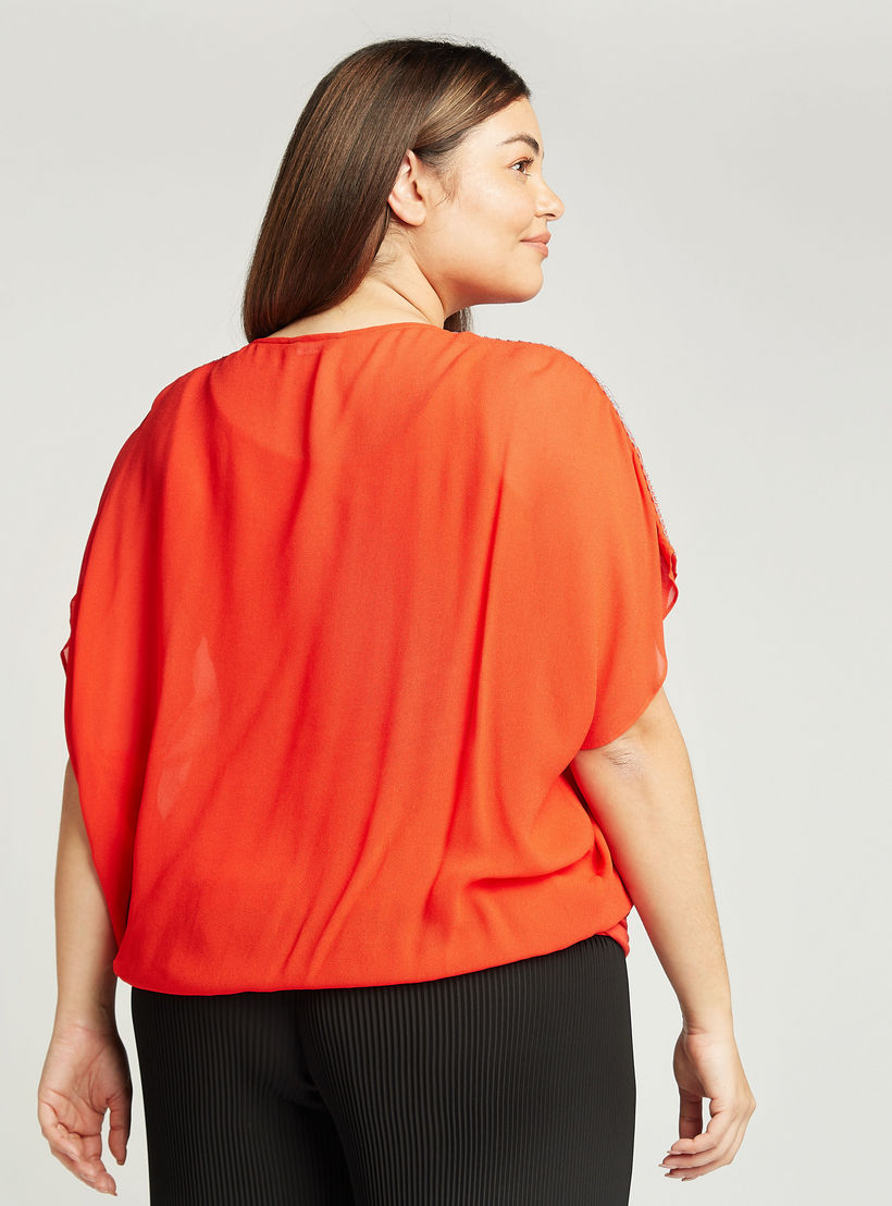 بلوزة سادة بياقة مستديرة وأكمام لامعة-women-clothing-shirtsandblouses-blouses-image-1