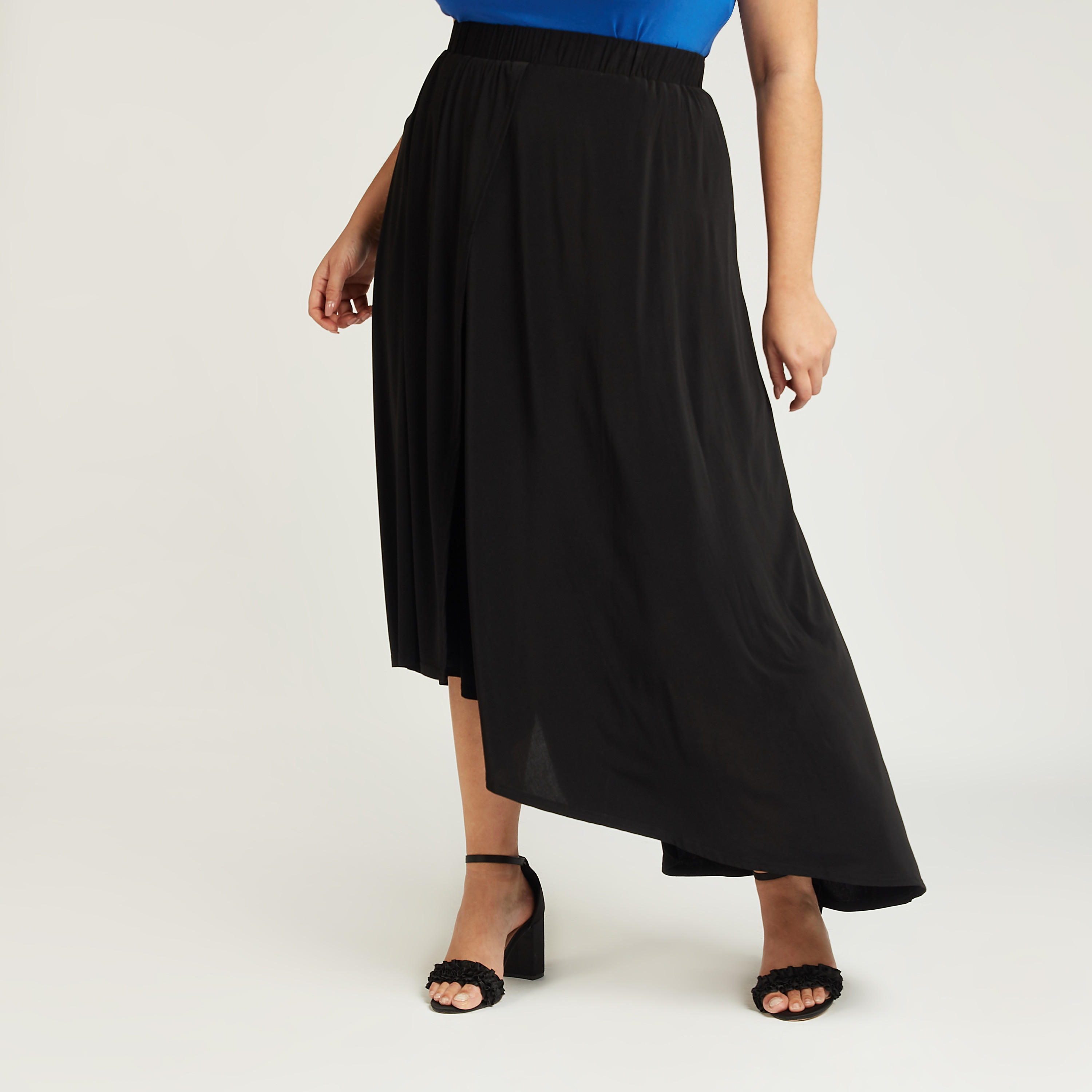 تنورة طويلة سادة بحواف غير مستوية بخصر مطاطي-women-clothing-bottoms-skirts-image-1