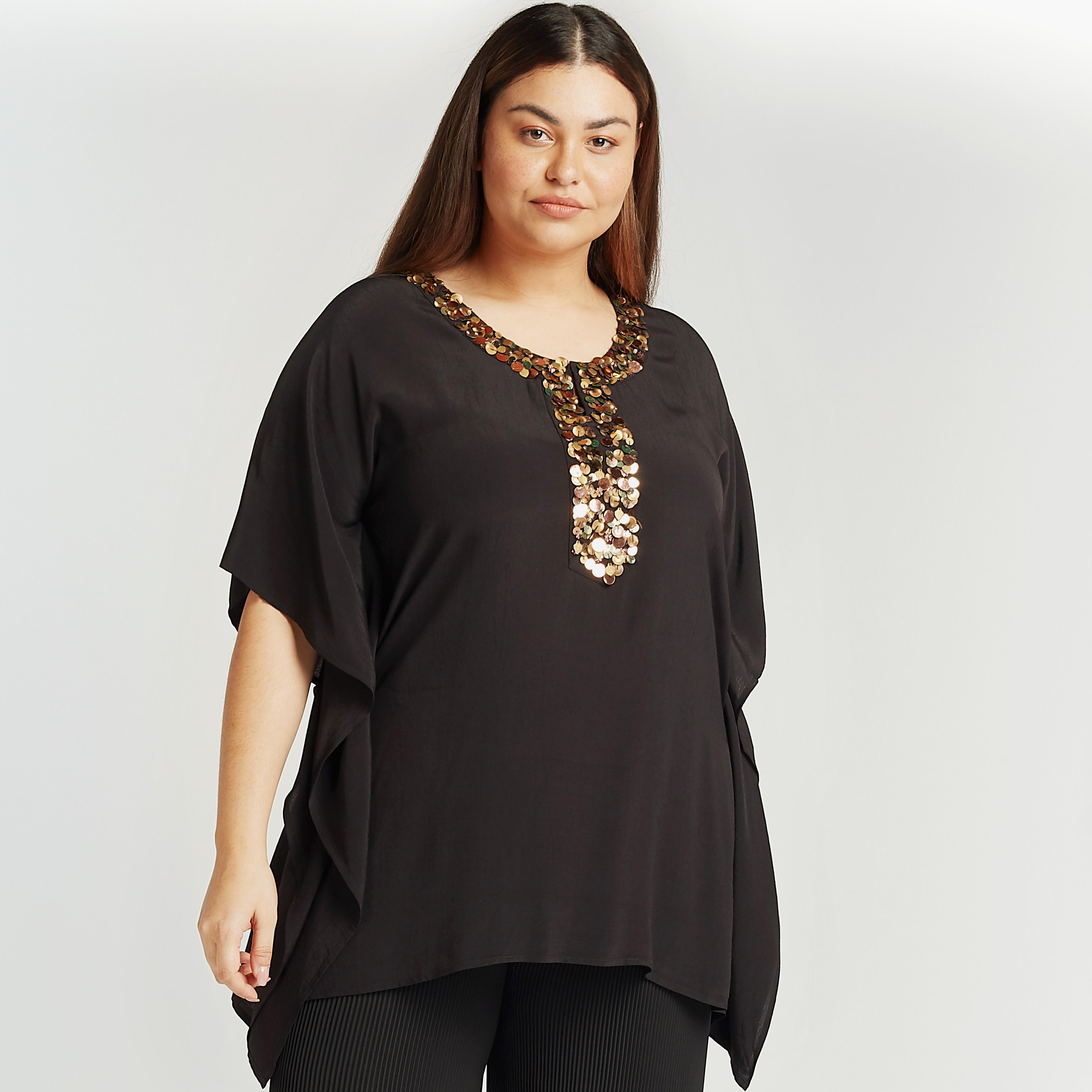 Solid Top with Sequin Detail and Flared Sleeves-women-clothing-shirtsandblouses-blouses-image-1