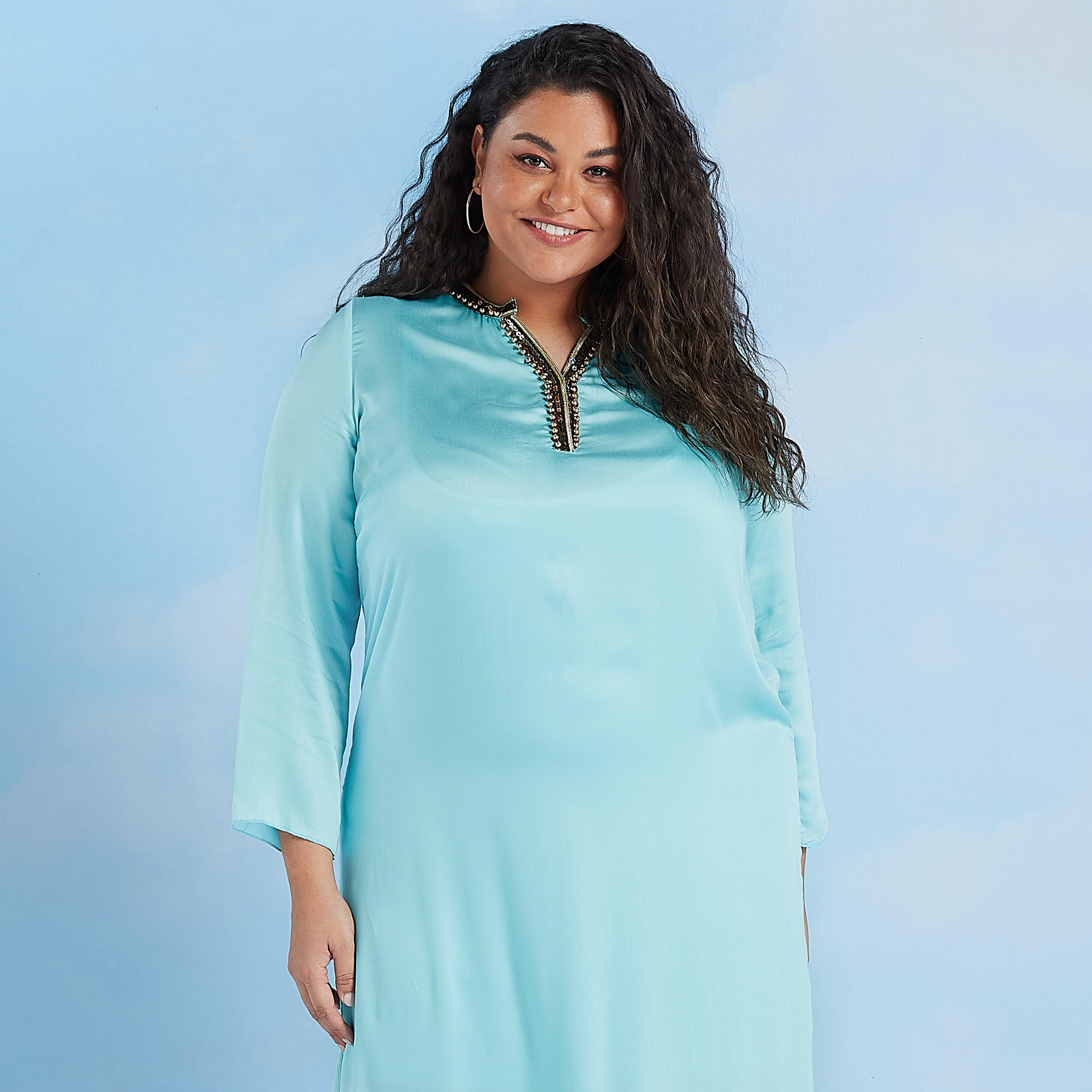 Solid Maxi A-line Dress with Long Sleeves and Embellishments-women-clothing-dresses-image-1