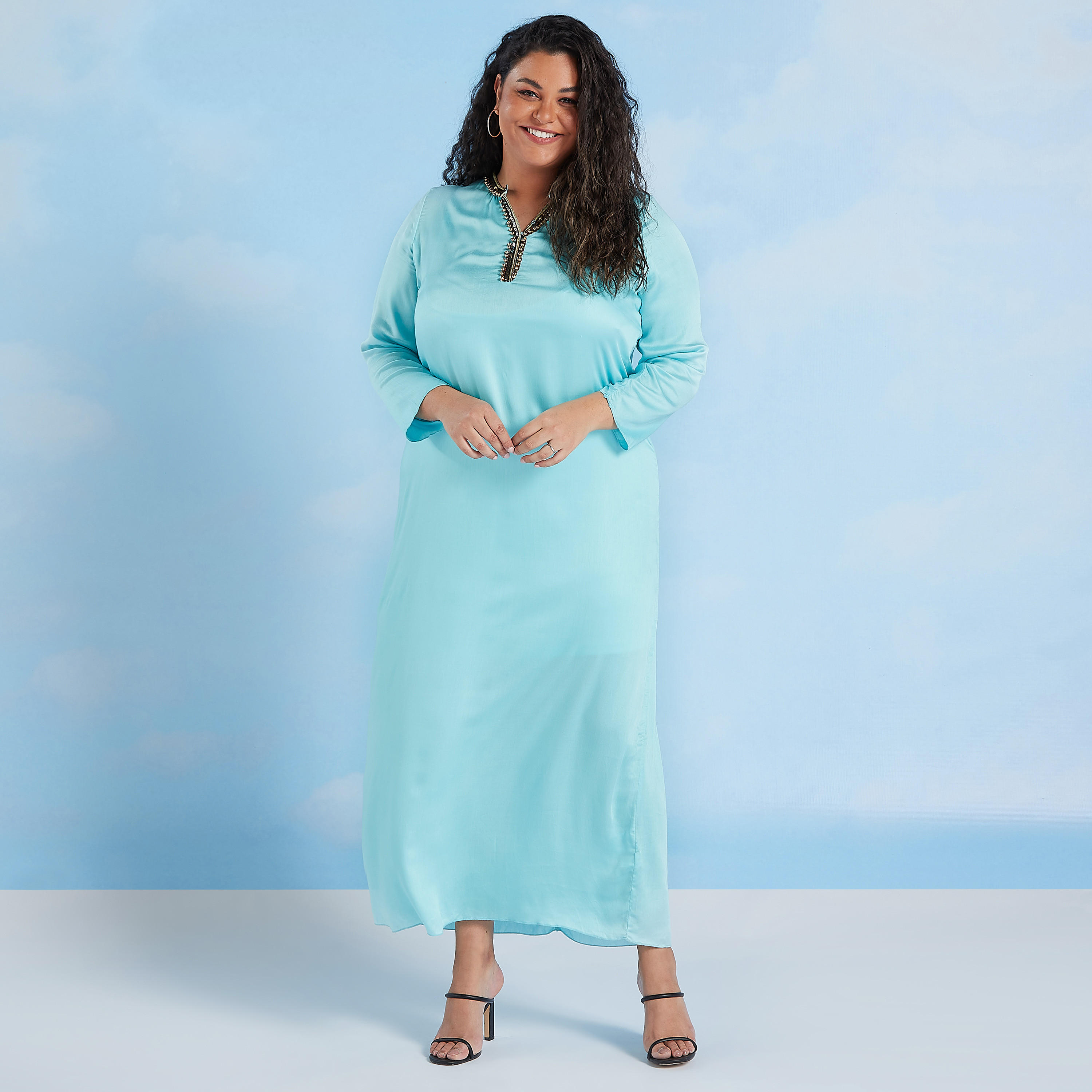 Solid Maxi A-line Dress with Long Sleeves and Embellishments-women-clothing-dresses-image-2
