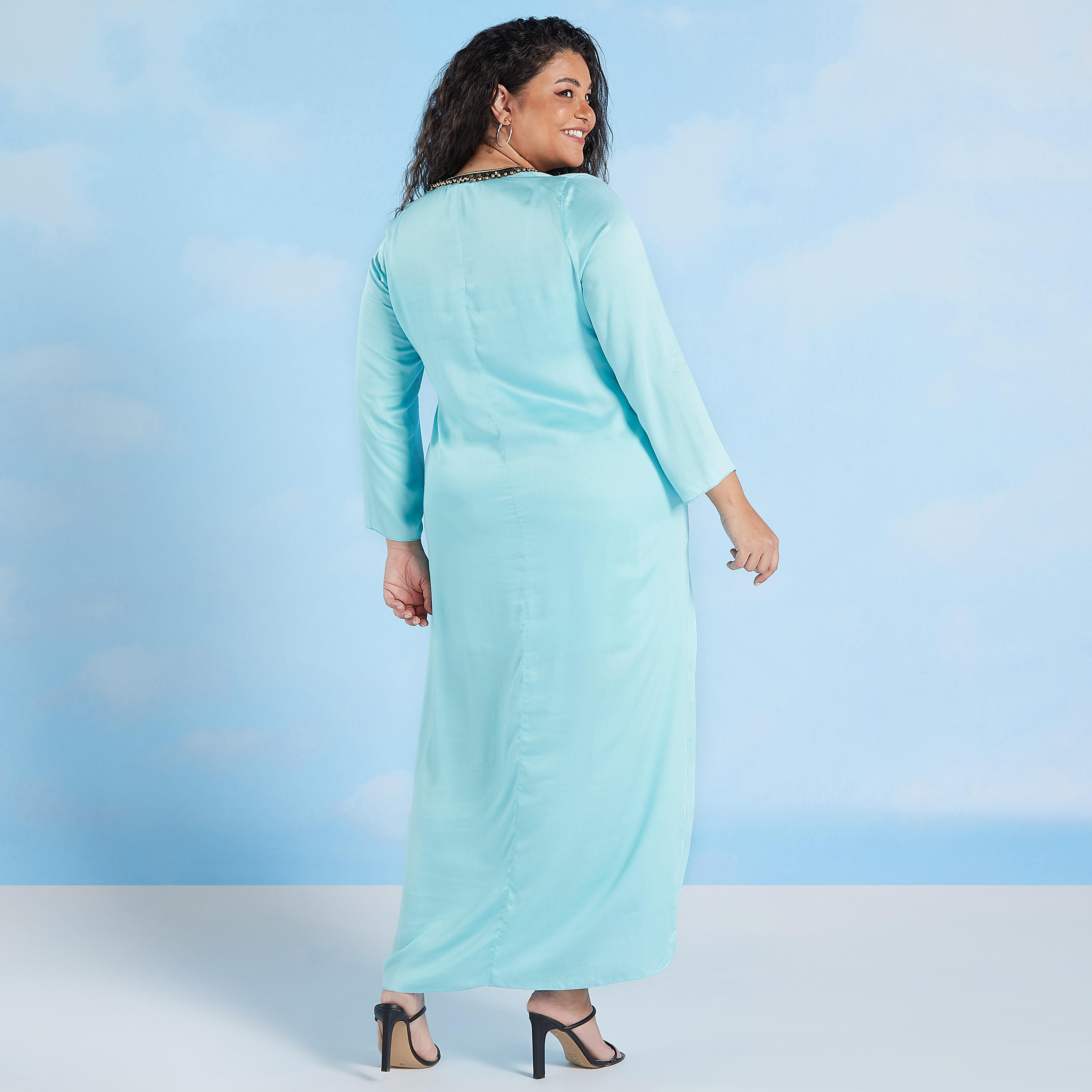 Solid Maxi A-line Dress with Long Sleeves and Embellishments-women-clothing-dresses-image-4