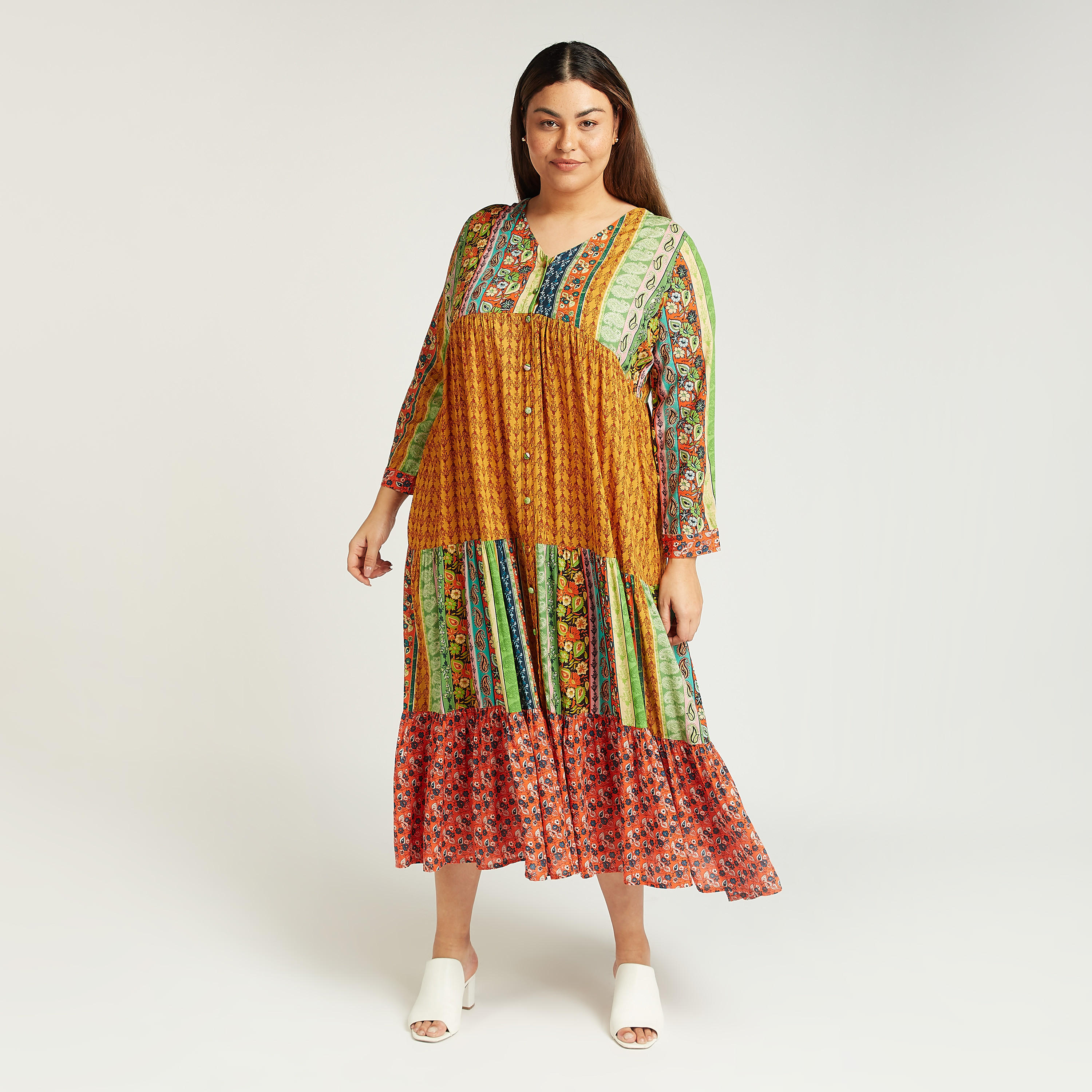 فستان طويل إيه لاين بياقة V وأكمام طويلة وطبعات-women-clothing-dresses-image-1