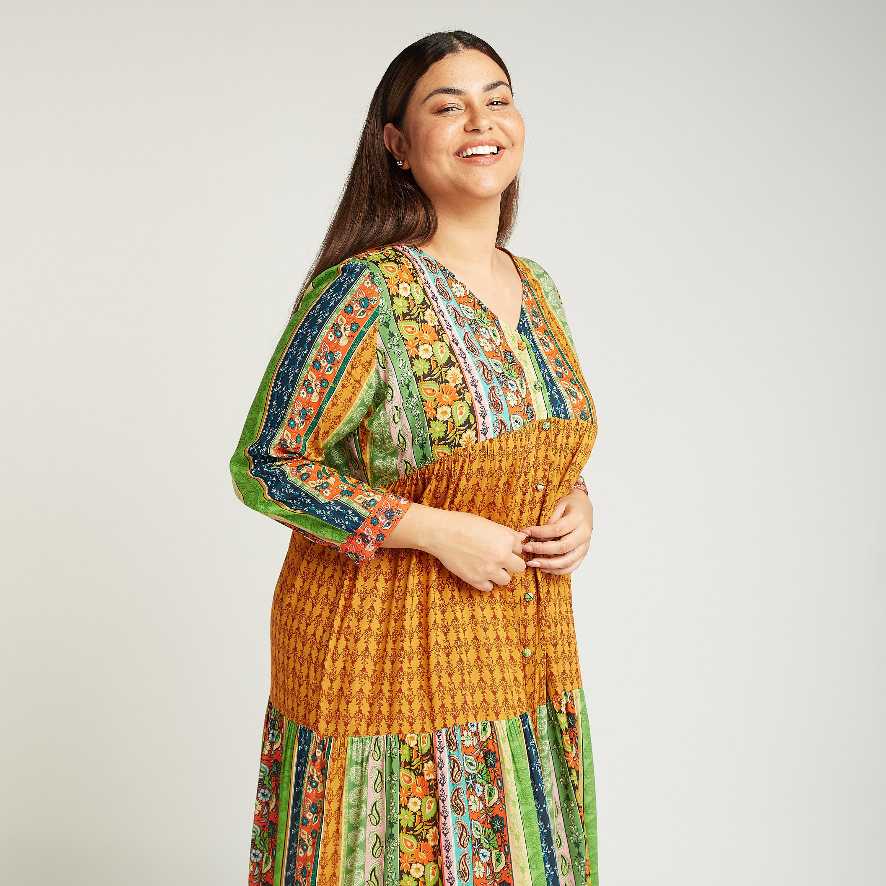 فستان طويل إيه لاين بياقة V وأكمام طويلة وطبعات-women-clothing-dresses-image-2