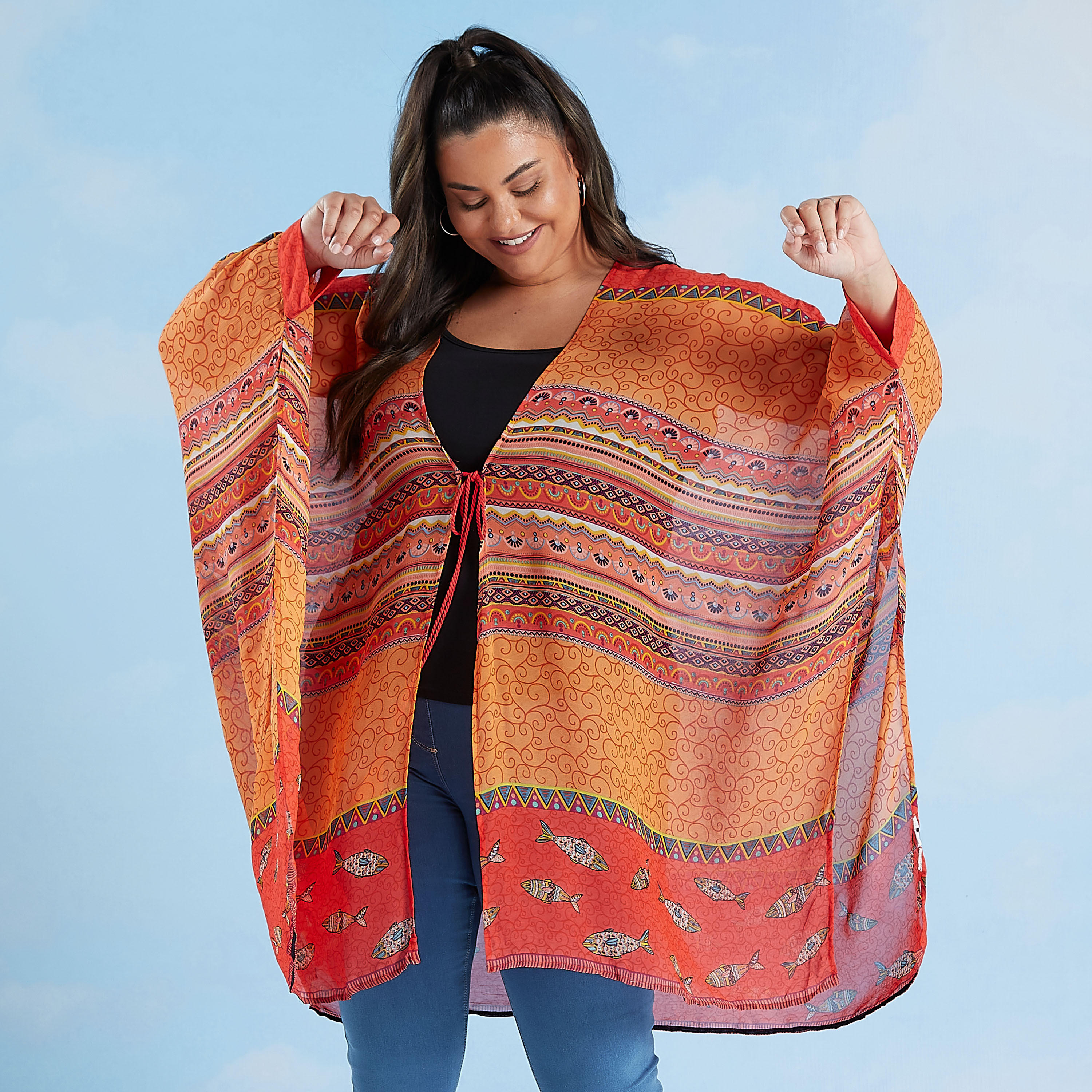 Printed Kimono with V-neck and Flared Sleeves-women-clothing-shirtsandblouses-blouses-image-1
