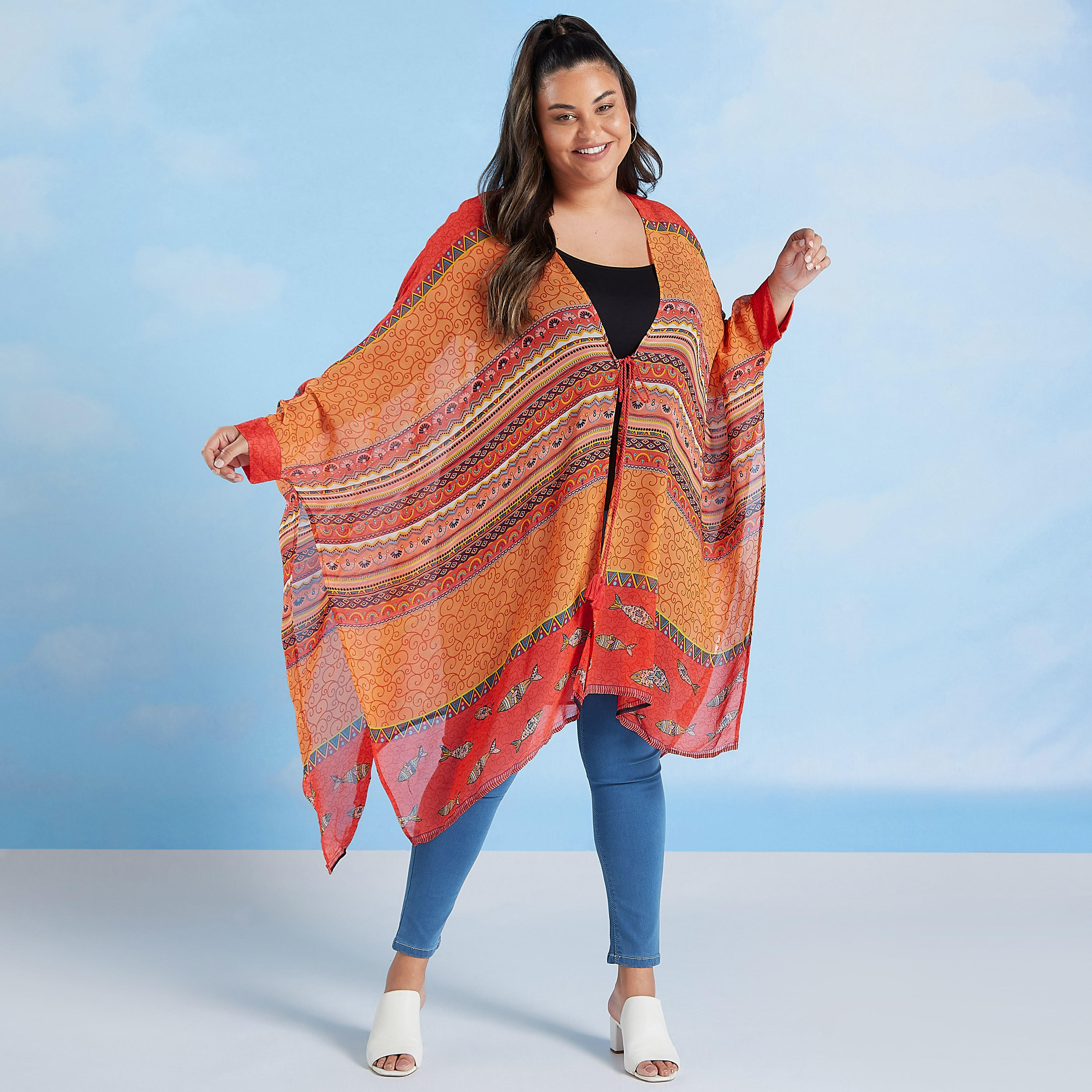 Printed Kimono with V-neck and Flared Sleeves-women-clothing-shirtsandblouses-blouses-image-2