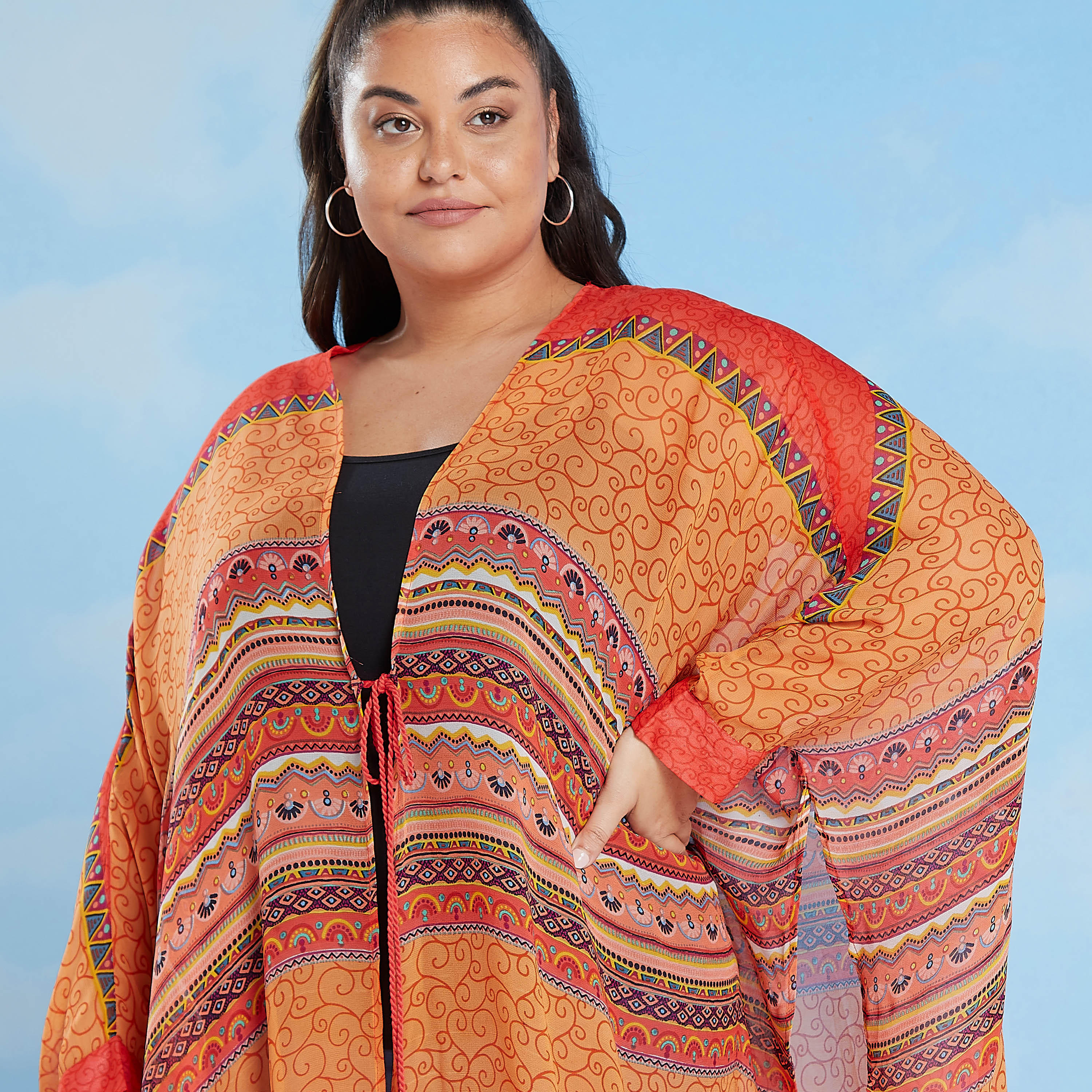 Printed Kimono with V-neck and Flared Sleeves-women-clothing-shirtsandblouses-blouses-image-3