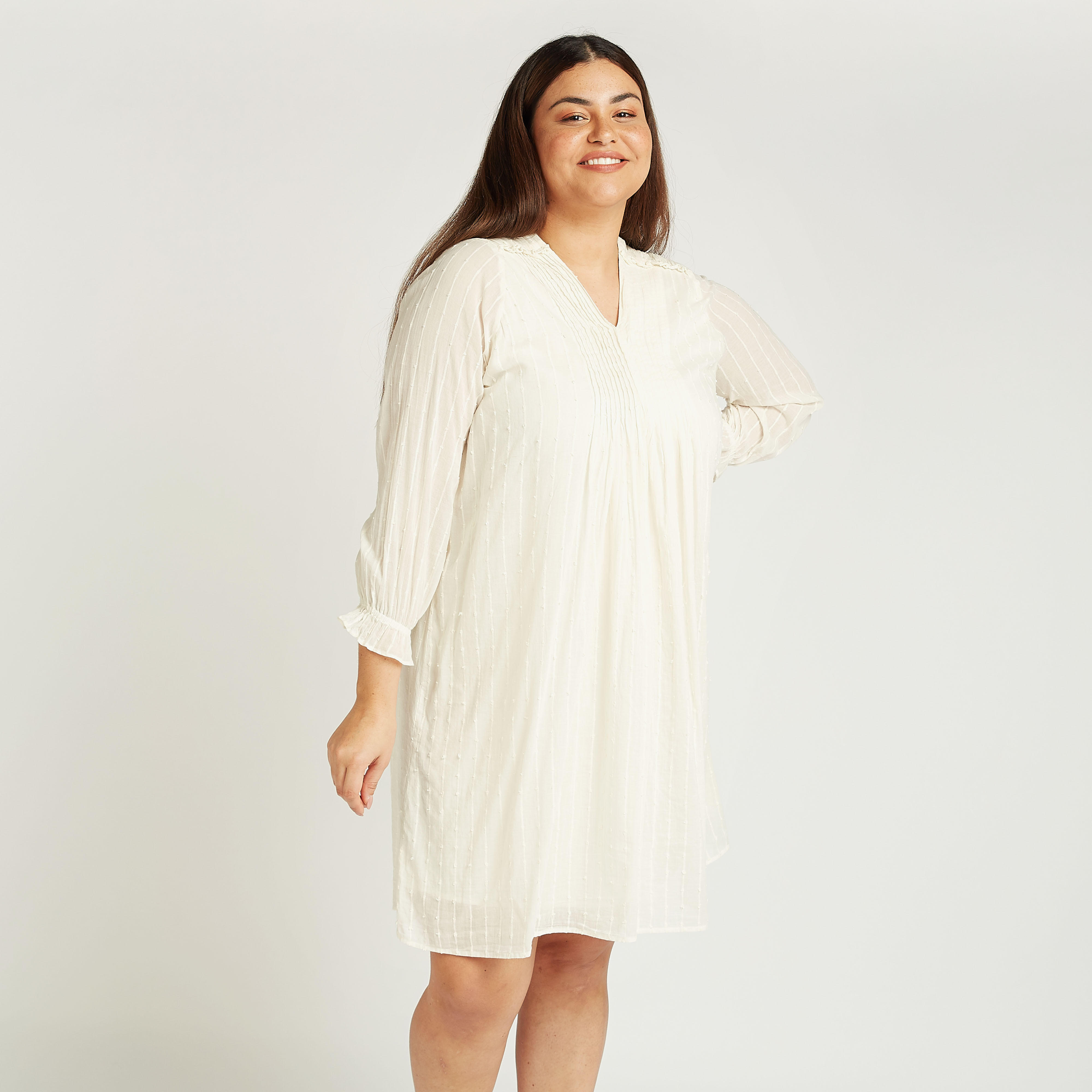 تونيك بارزة الملمس بياقة V وأكمام طويلة-women-clothing-shirtsandblouses-blouses-image-1