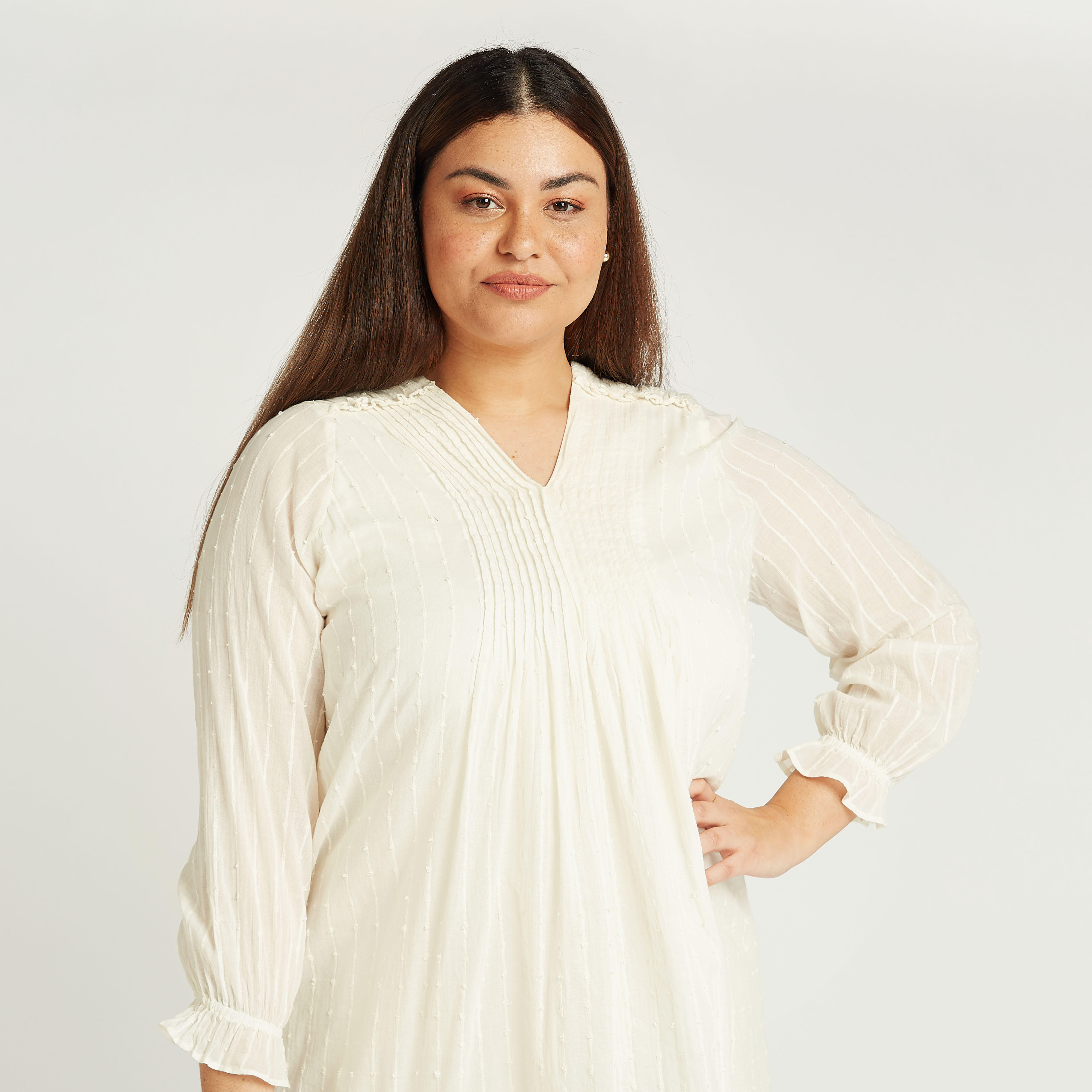 تونيك بارزة الملمس بياقة V وأكمام طويلة-women-clothing-shirtsandblouses-blouses-image-3