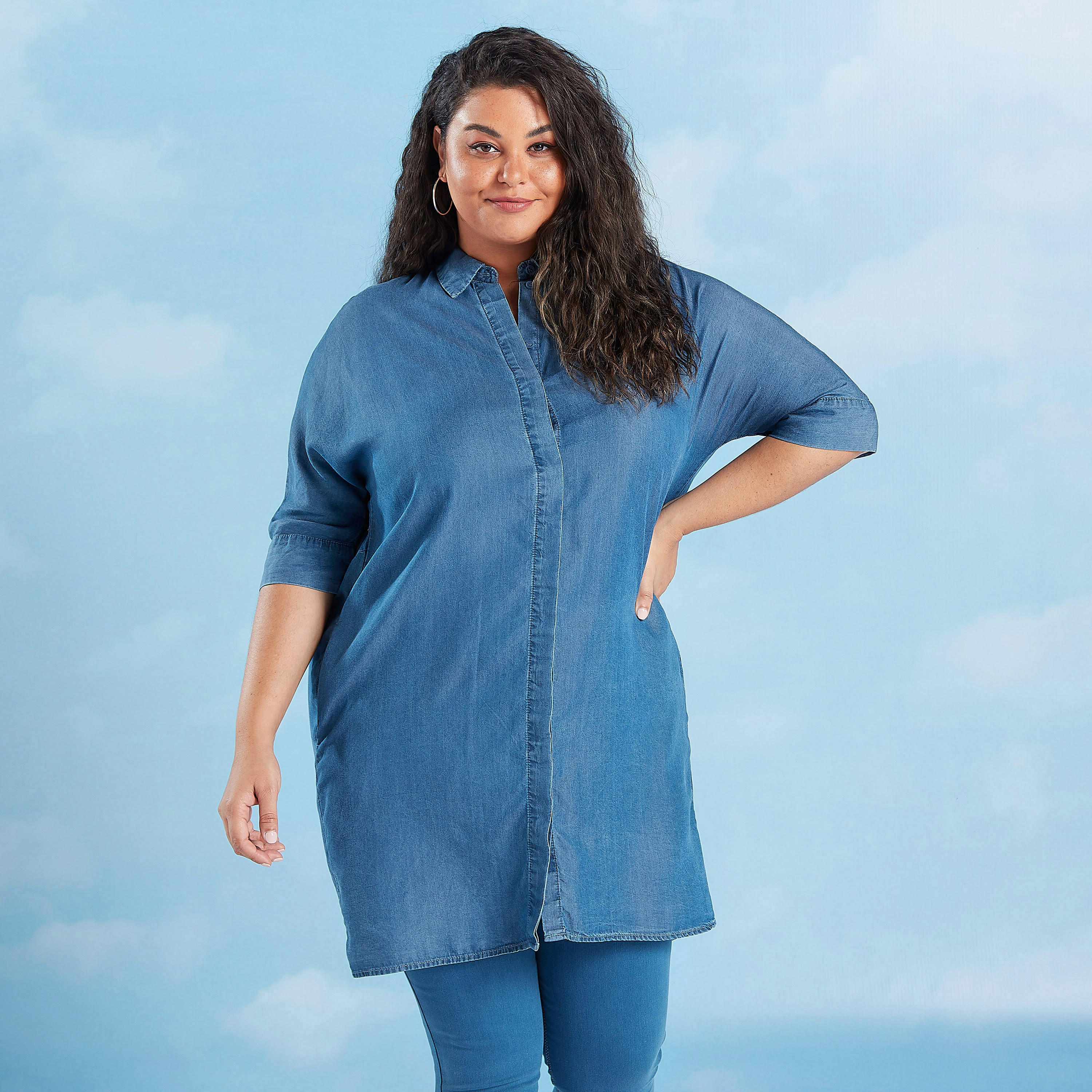بلوزة  مستدامة سادة طويلة بأكمام 3/4 وجيوب-women-clothing-shirtsandblouses-blouses-image-1