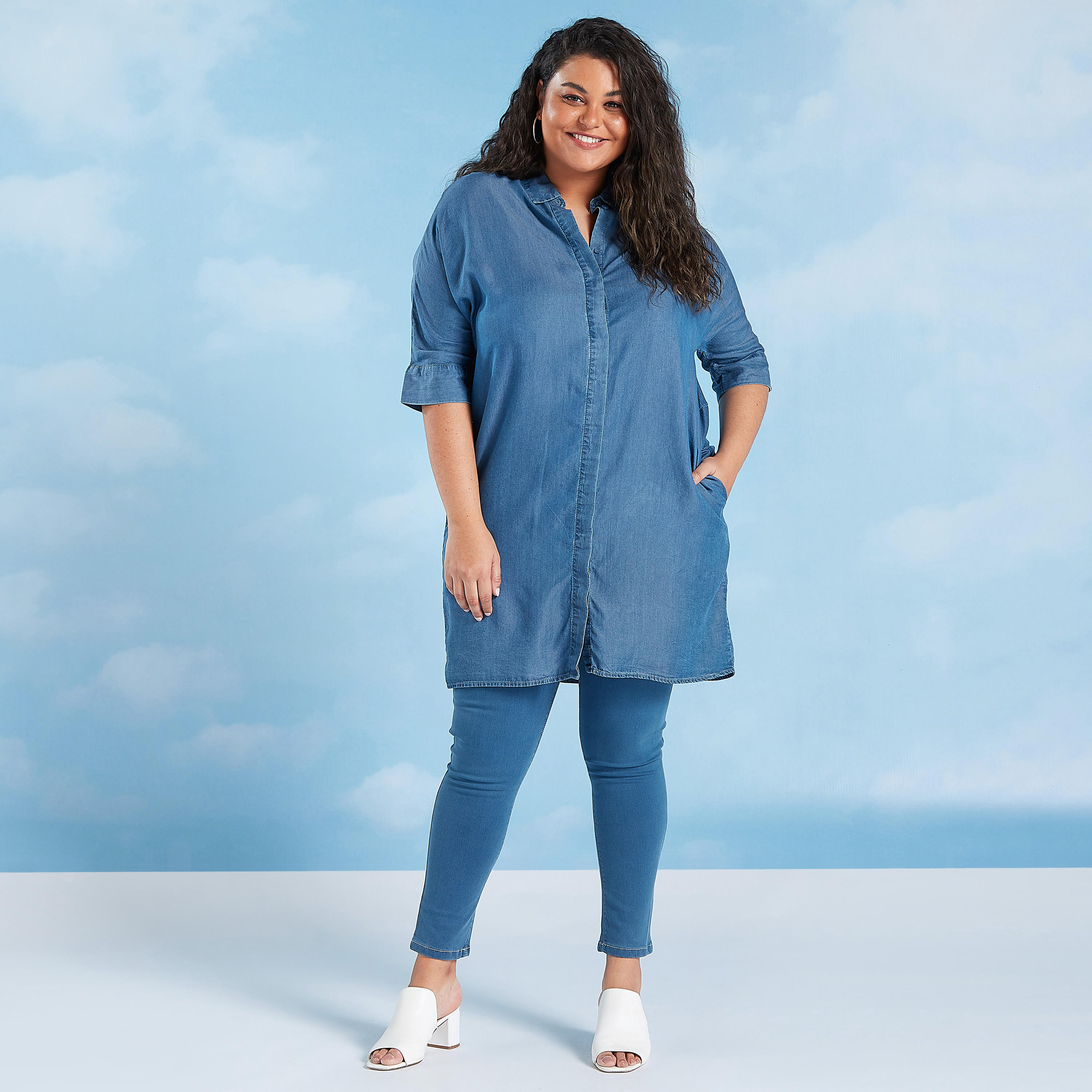 بلوزة  مستدامة سادة طويلة بأكمام 3/4 وجيوب-women-clothing-shirtsandblouses-blouses-image-2