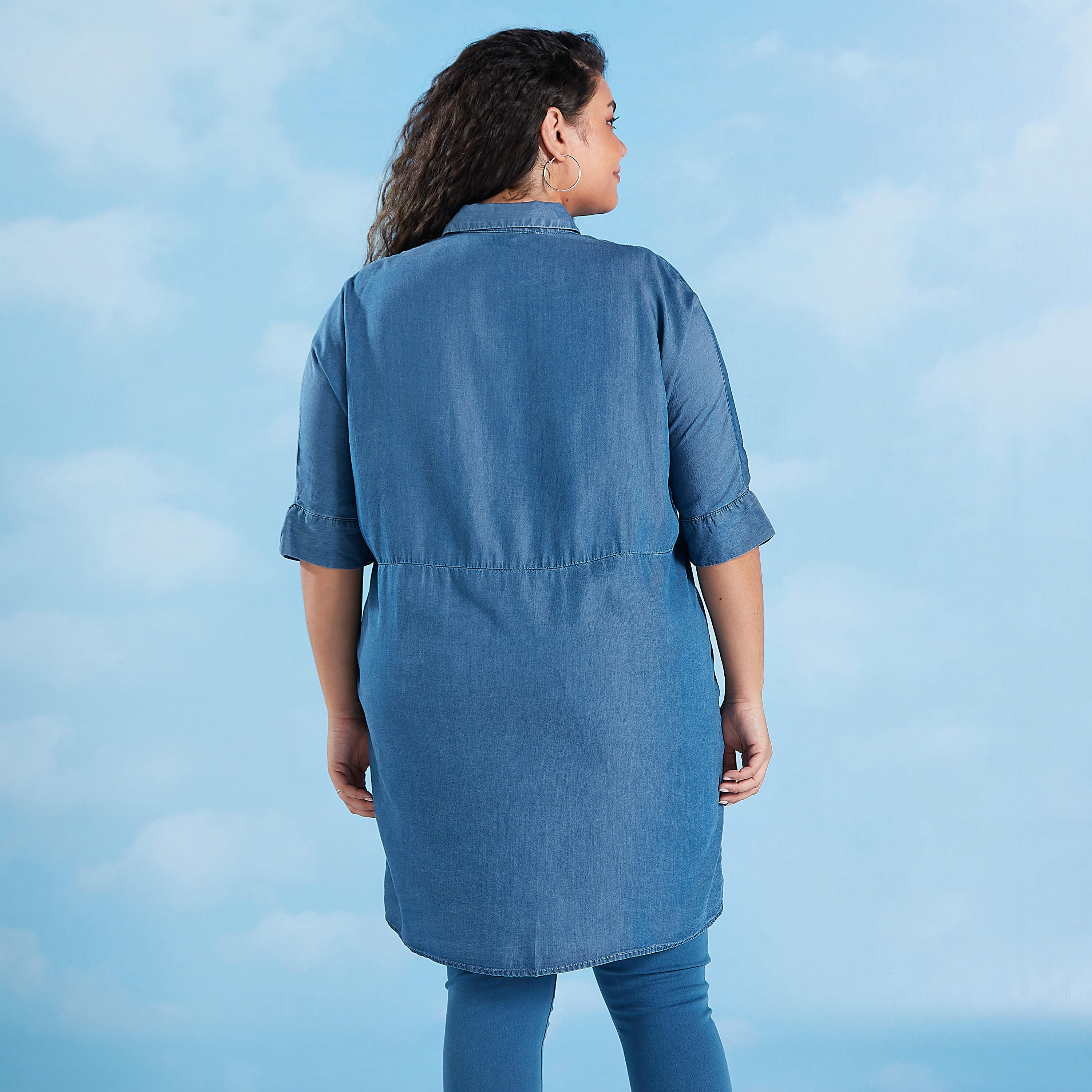 بلوزة  مستدامة سادة طويلة بأكمام 3/4 وجيوب-women-clothing-shirtsandblouses-blouses-image-4