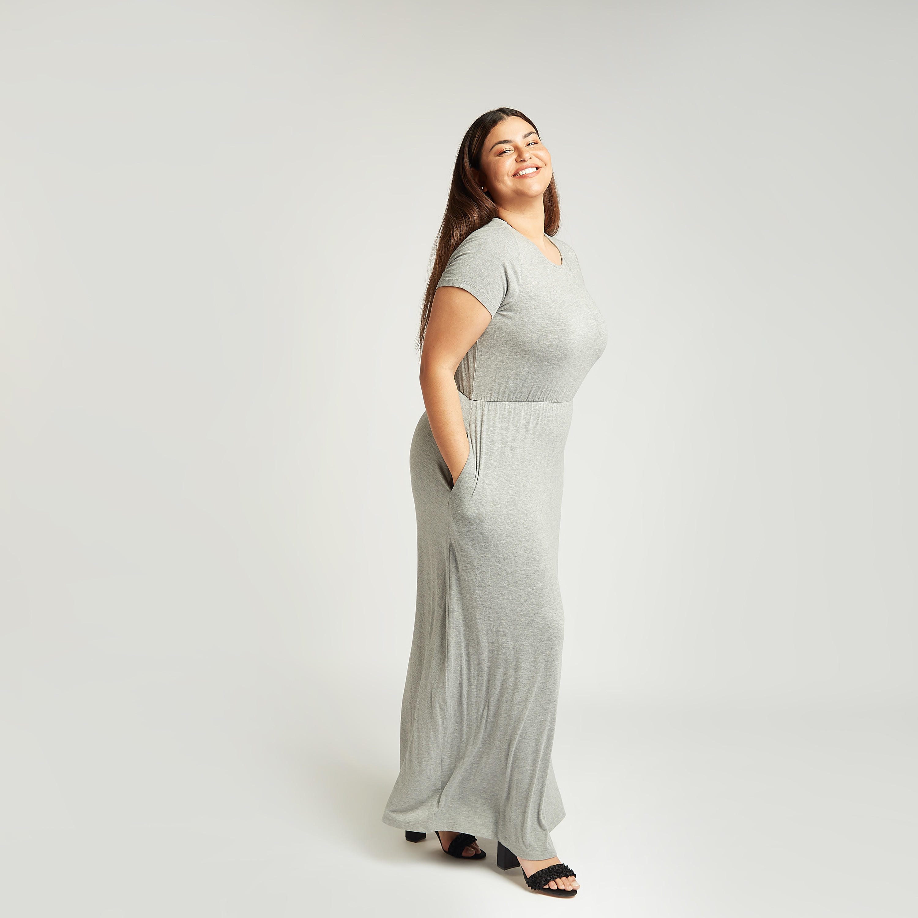 فستان طويل إيه لاين بارز الملمس بياقة مستديرة بتفاصيل جيوب-women-clothing-dresses-image-1