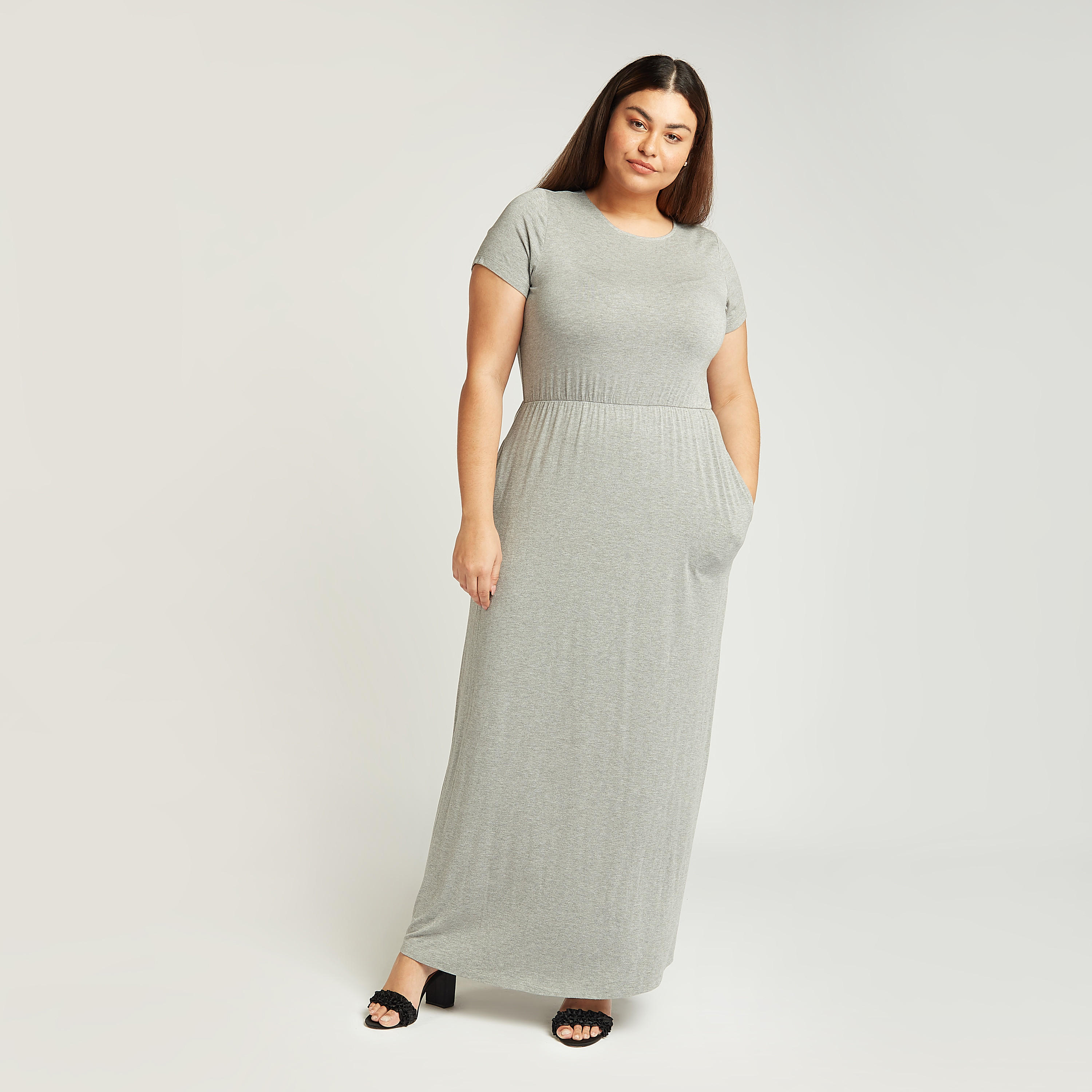 فستان طويل إيه لاين بارز الملمس بياقة مستديرة بتفاصيل جيوب-women-clothing-dresses-image-2